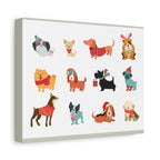 Holiday Dogs Canvas Wall Art — Cute Dachshund, Pug & Mixed Breeds in Winter Sweaters