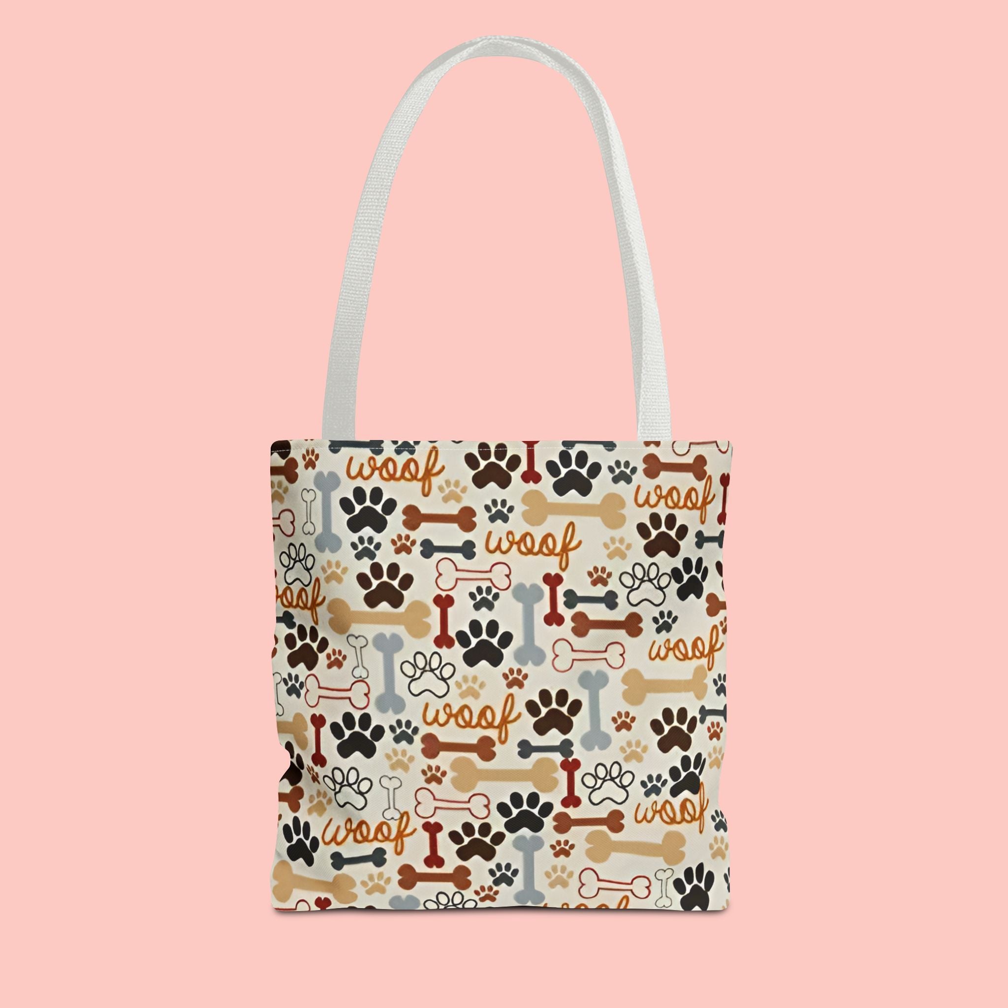 Dog Paw & Bone Pattern Tote Bag — 'Woof' All-Over Print Canvas Tote
