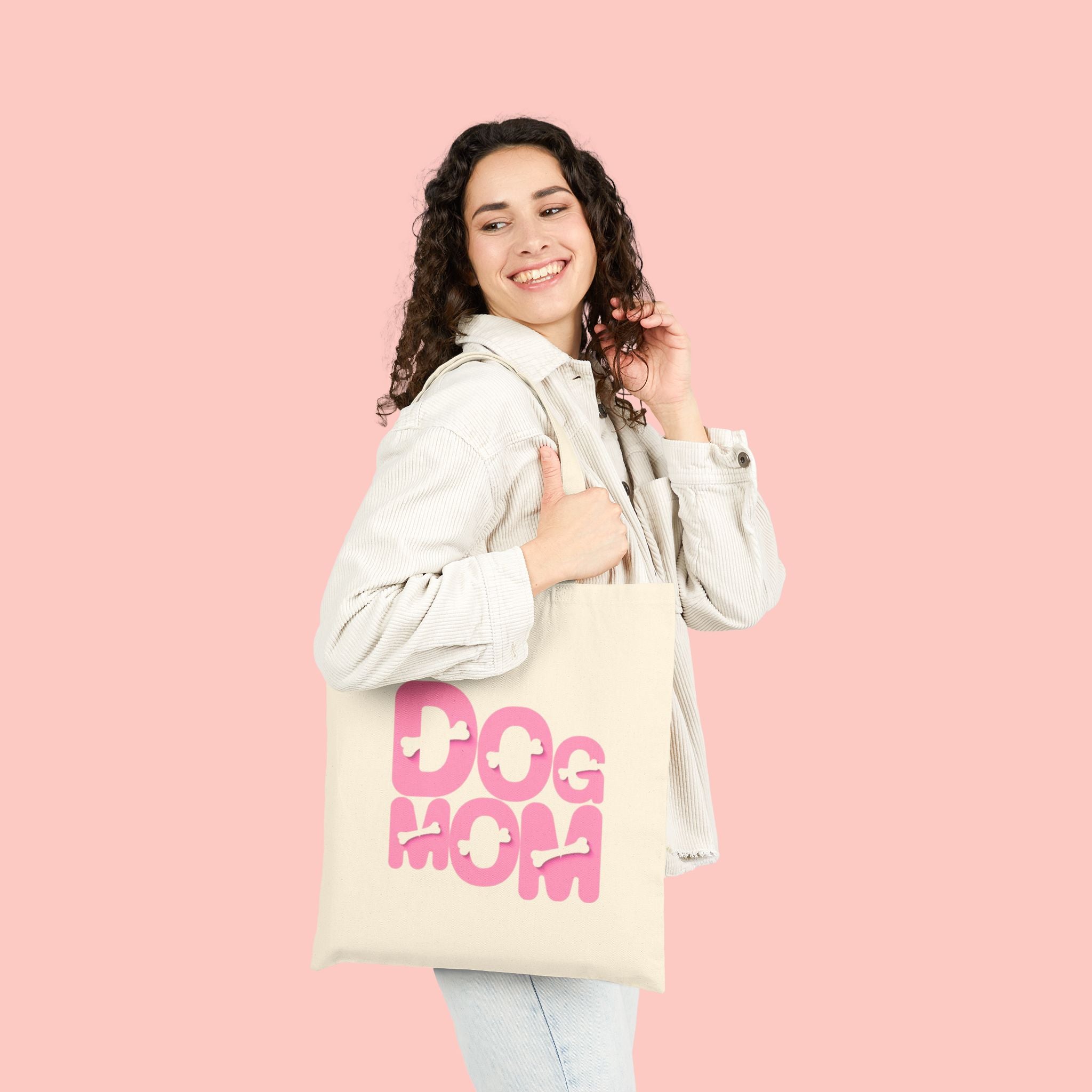 Dog Mom Canvas Tote Bag — Pink Retro Graphic Cotton Shopper for Pet Lovers