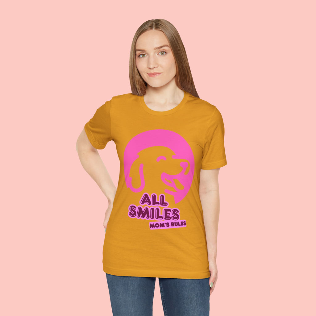 All Smiles Mom's Rules T-Shirt — Cute Pink Dog Graphic Tee for Moms & Pet Lovers