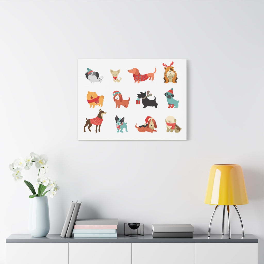 Holiday Dogs Canvas Wall Art — Cute Dachshund, Pug & Mixed Breeds in Winter Sweaters