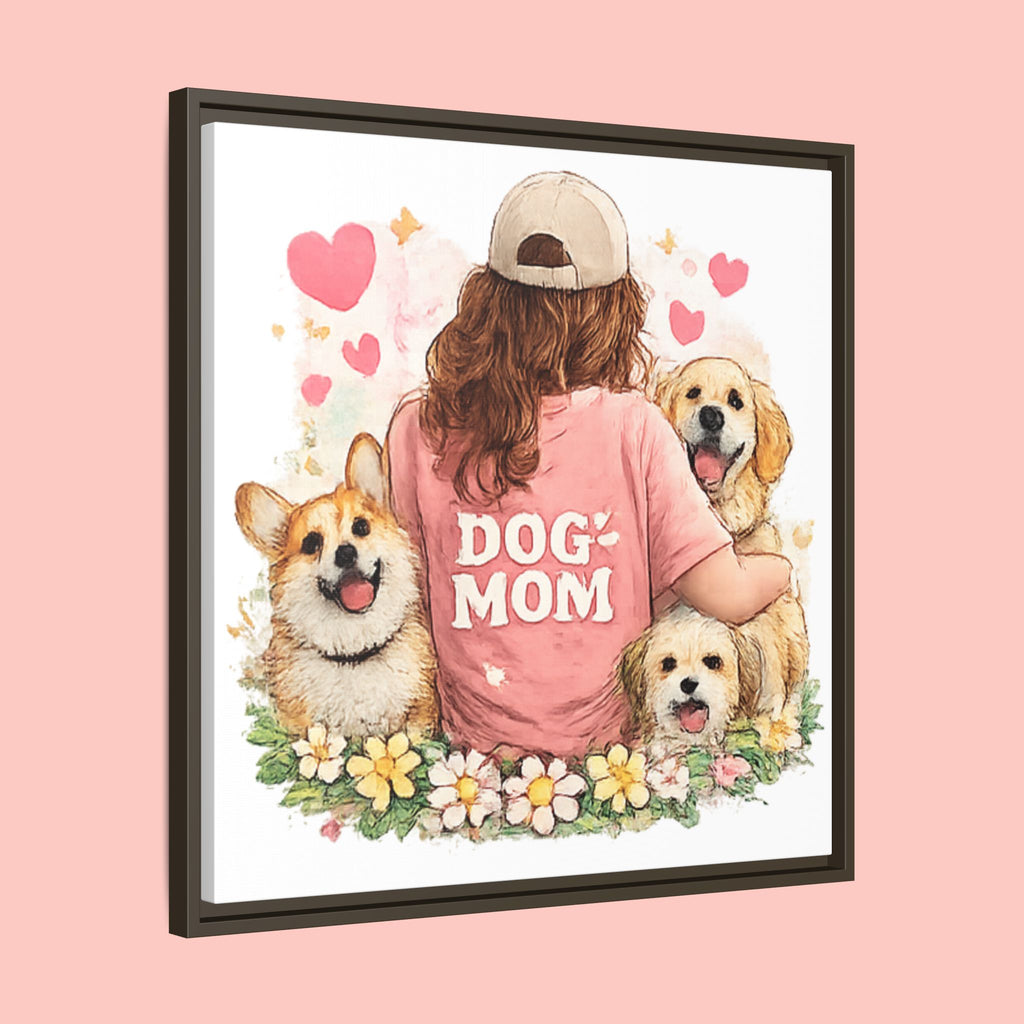Dog Mom Canvas Print — Framed Matte Wall Art with Cute Dogs & Hearts