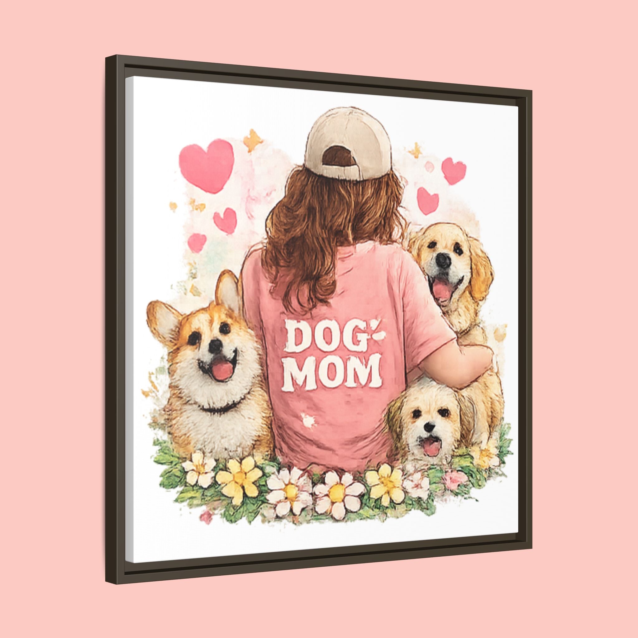 Dog Mom Canvas Print — Framed Matte Wall Art with Cute Dogs & Hearts