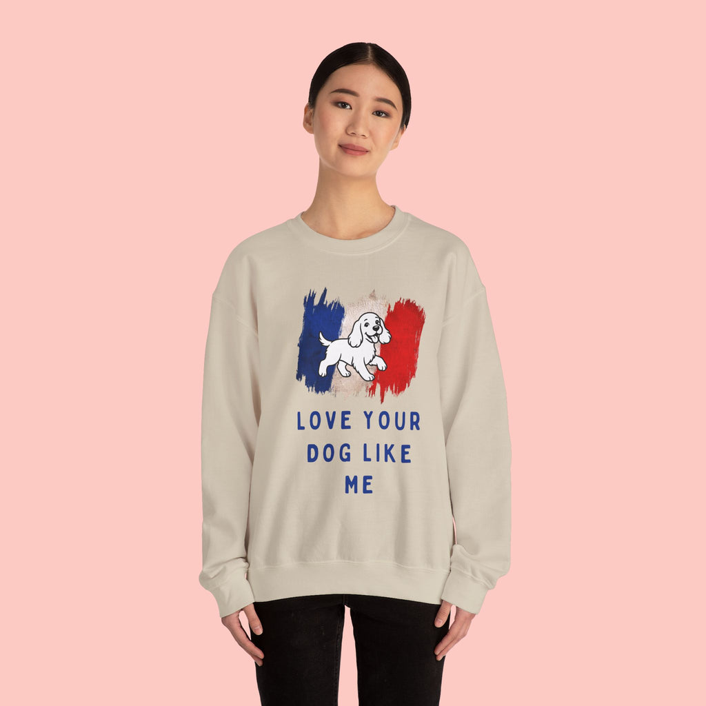 Crewneck Sweatshirt - "Love Your Dog Like Me" French Flag Puppy Graphic