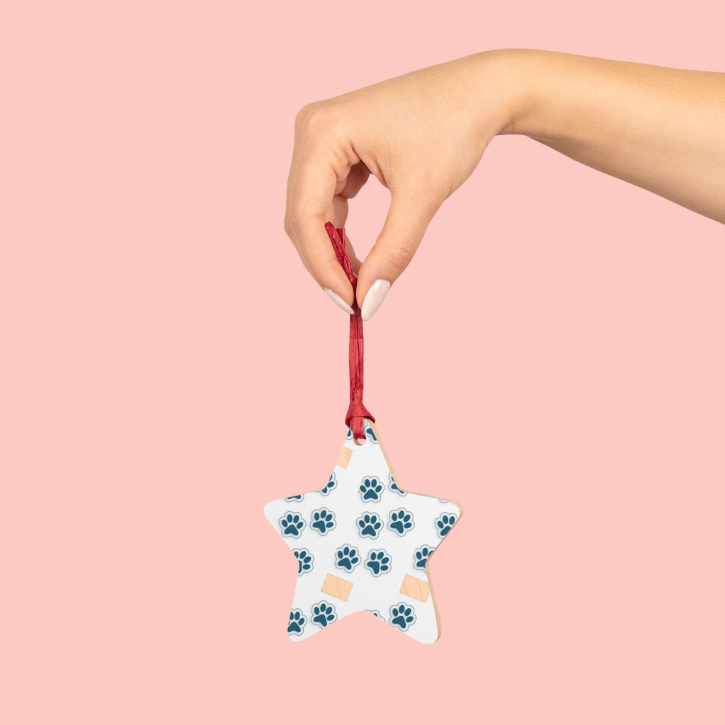 Bell Wooden Ornament with Paw Print & Bandage Pattern — Pet Memorial Holiday Decoration