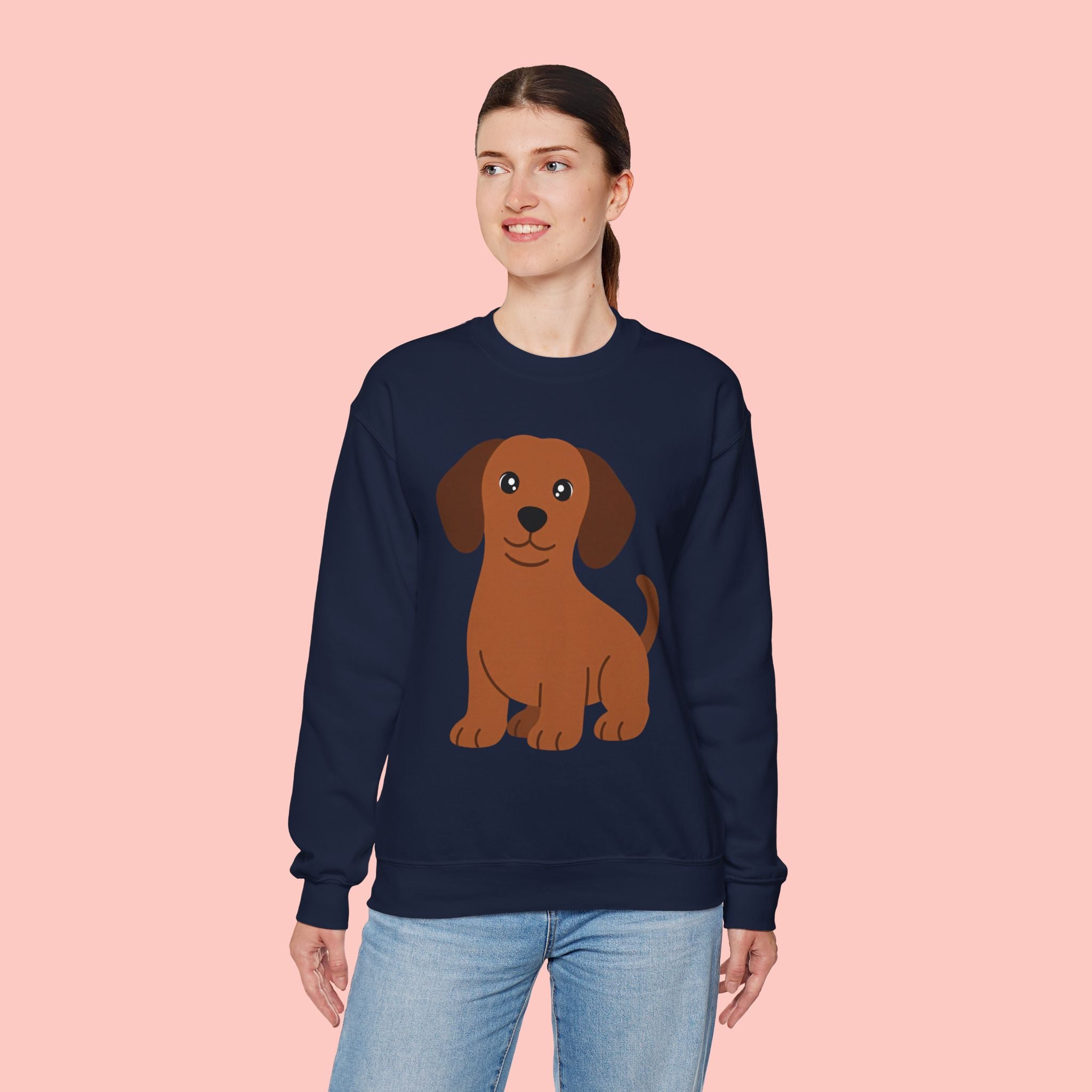 Cute Brown Puppy Sweatshirt — Cartoon Dachshund Crewneck for Dog Lovers