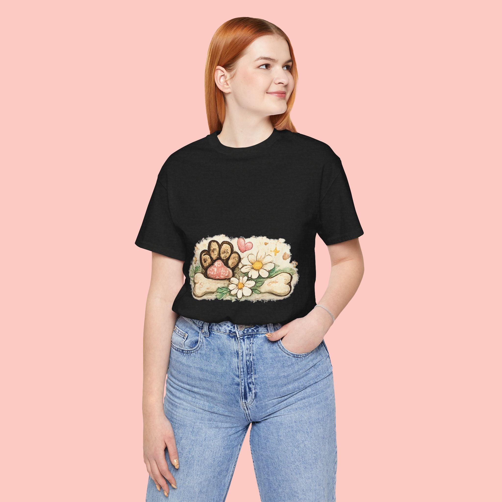 Dog Paw Floral T-Shirt — Cute Paw Print, Bone & Daisies Tee