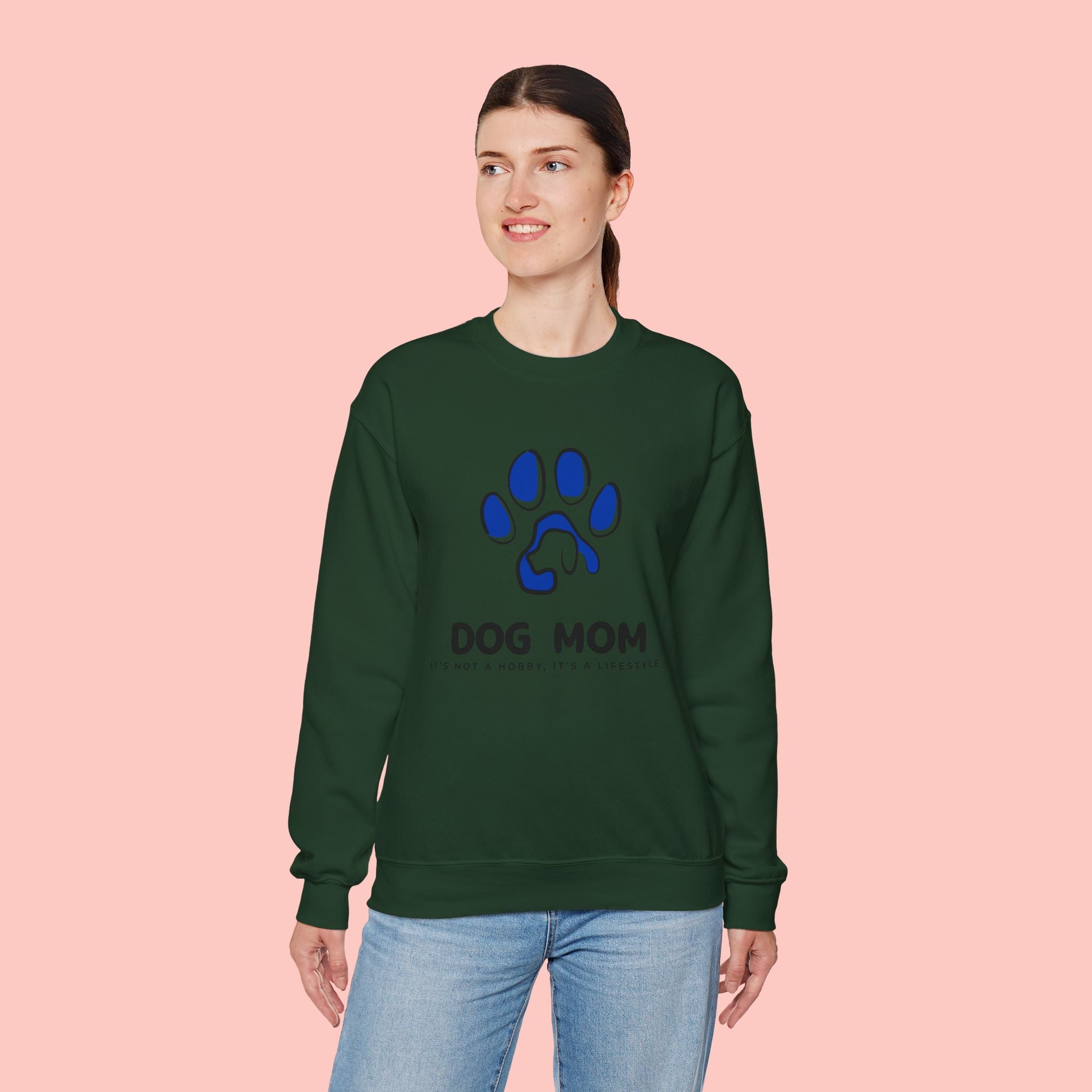 Dog Mom Crewneck Sweatshirt – Blue Paw Graphic "Dog Mom"