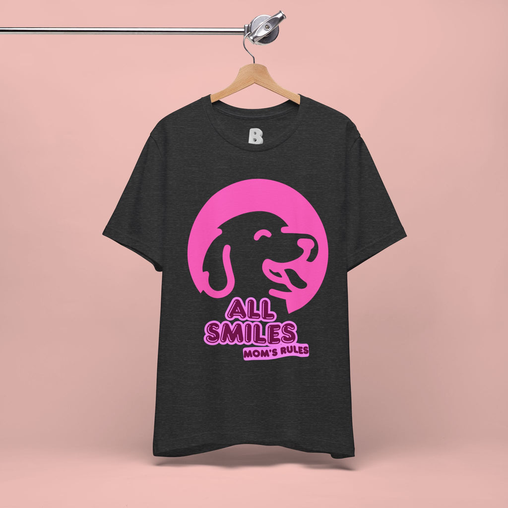 All Smiles Mom's Rules T-Shirt — Cute Pink Dog Graphic Tee for Moms & Pet Lovers