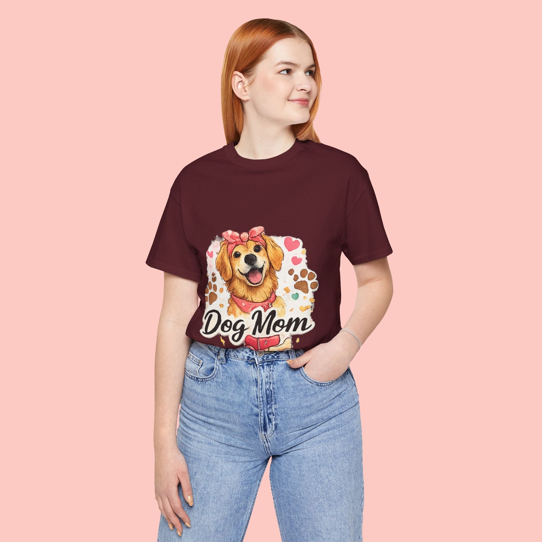 Dog Mom T-Shirt – Cute Golden Retriever Design with Hearts & Paw Prints