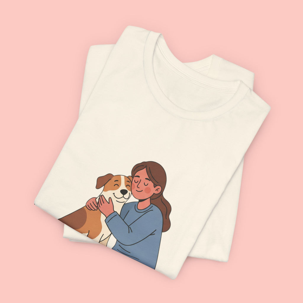 Dog Mom T‑Shirt — Cute Woman Hugging Dog Graphic Tee