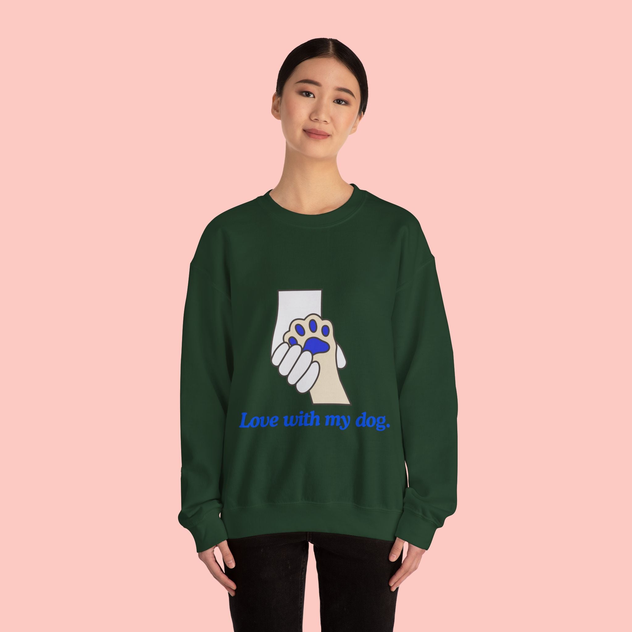Dog Lover Crewneck Sweatshirt — "Love with my dog." Paw & Hold Graphic