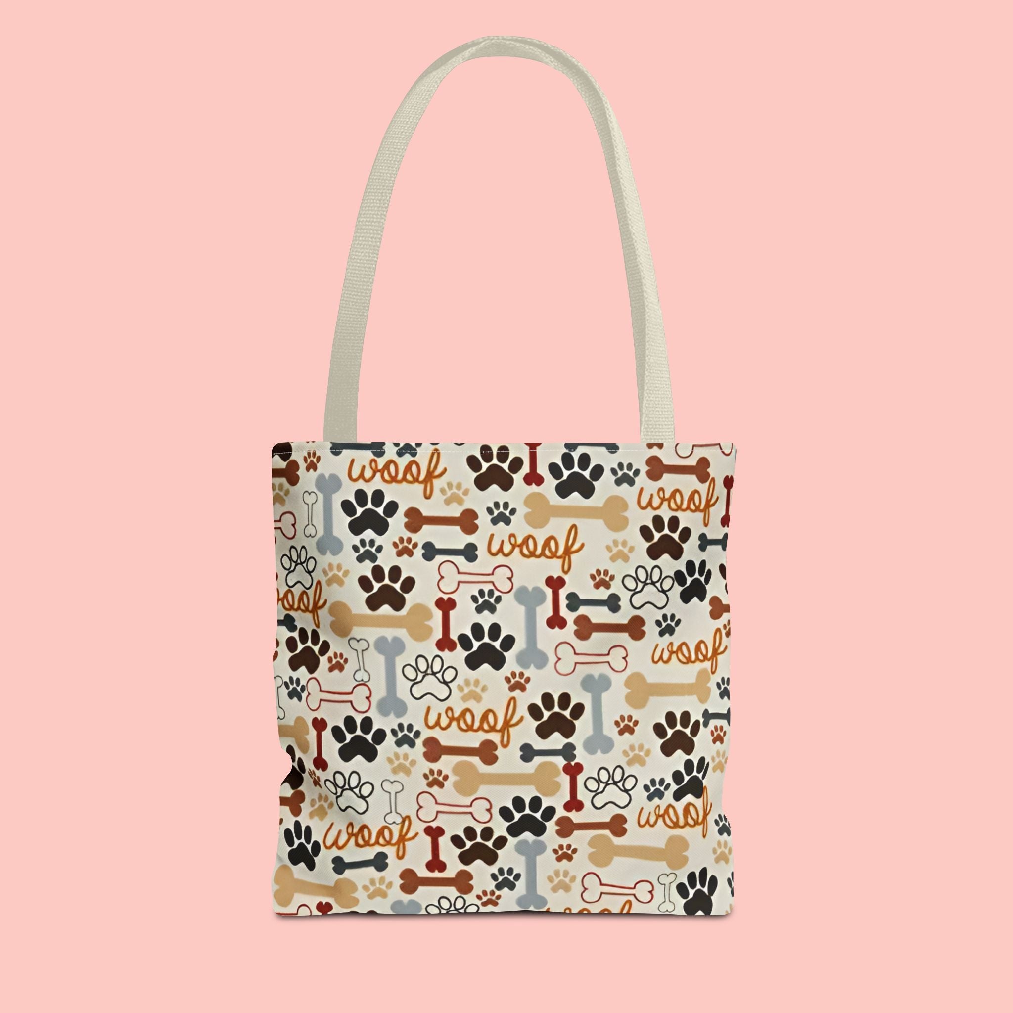 Dog Paw & Bone Pattern Tote Bag — 'Woof' All-Over Print Canvas Tote
