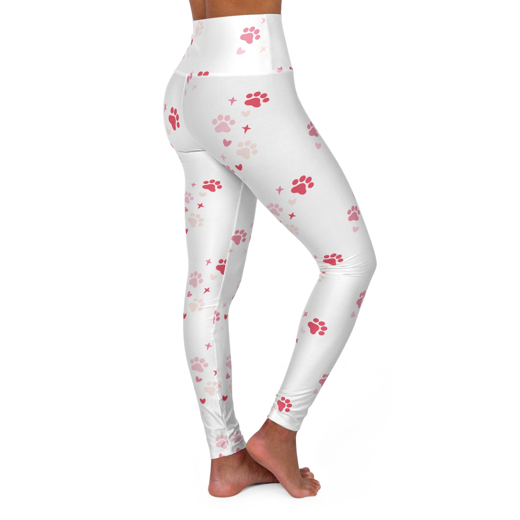 Pink Paw Print High-Waisted Yoga Leggings — Cute Cat/Dog Pet Pattern