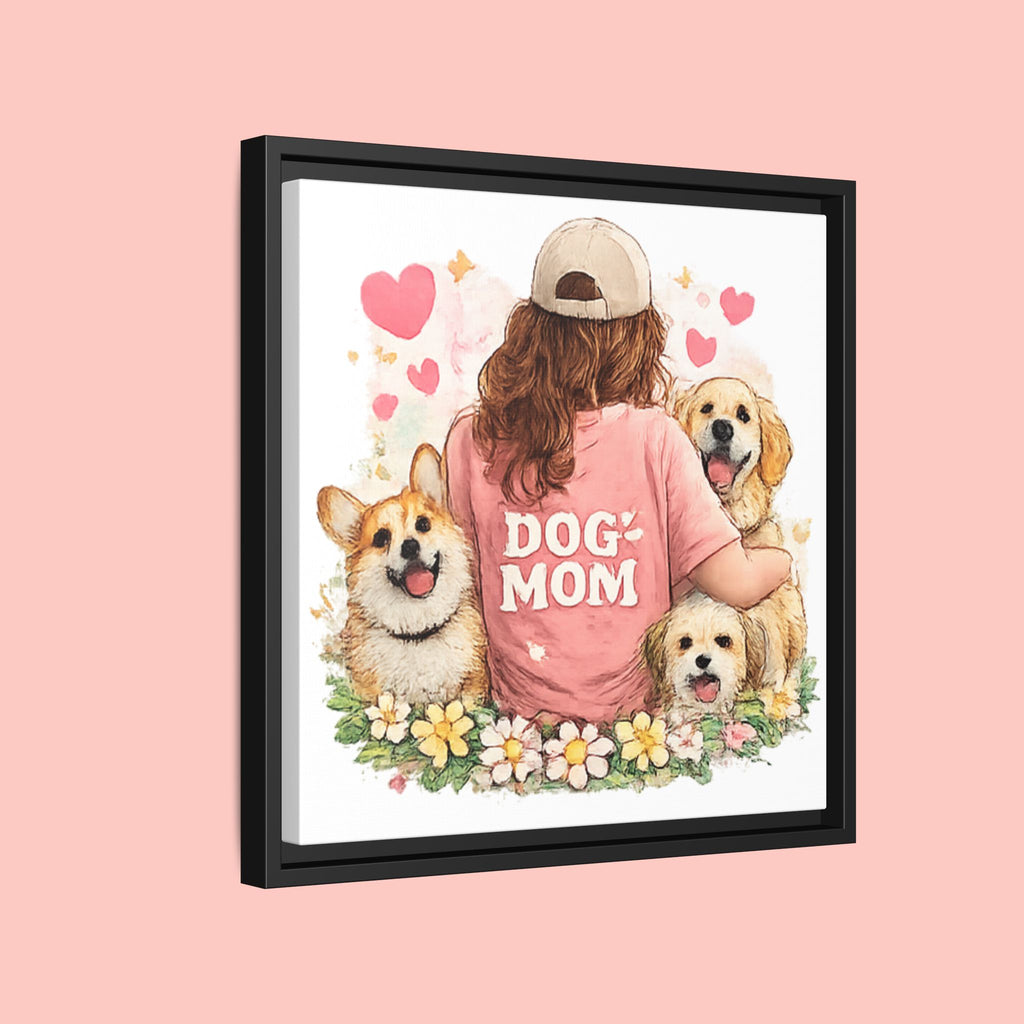 Dog Mom Canvas Print — Framed Matte Wall Art with Cute Dogs & Hearts
