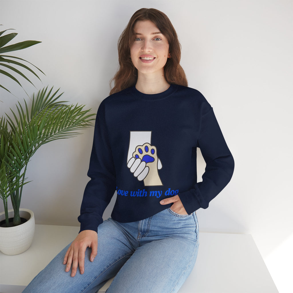 Dog Lover Crewneck Sweatshirt — "Love with my dog." Paw & Hold Graphic