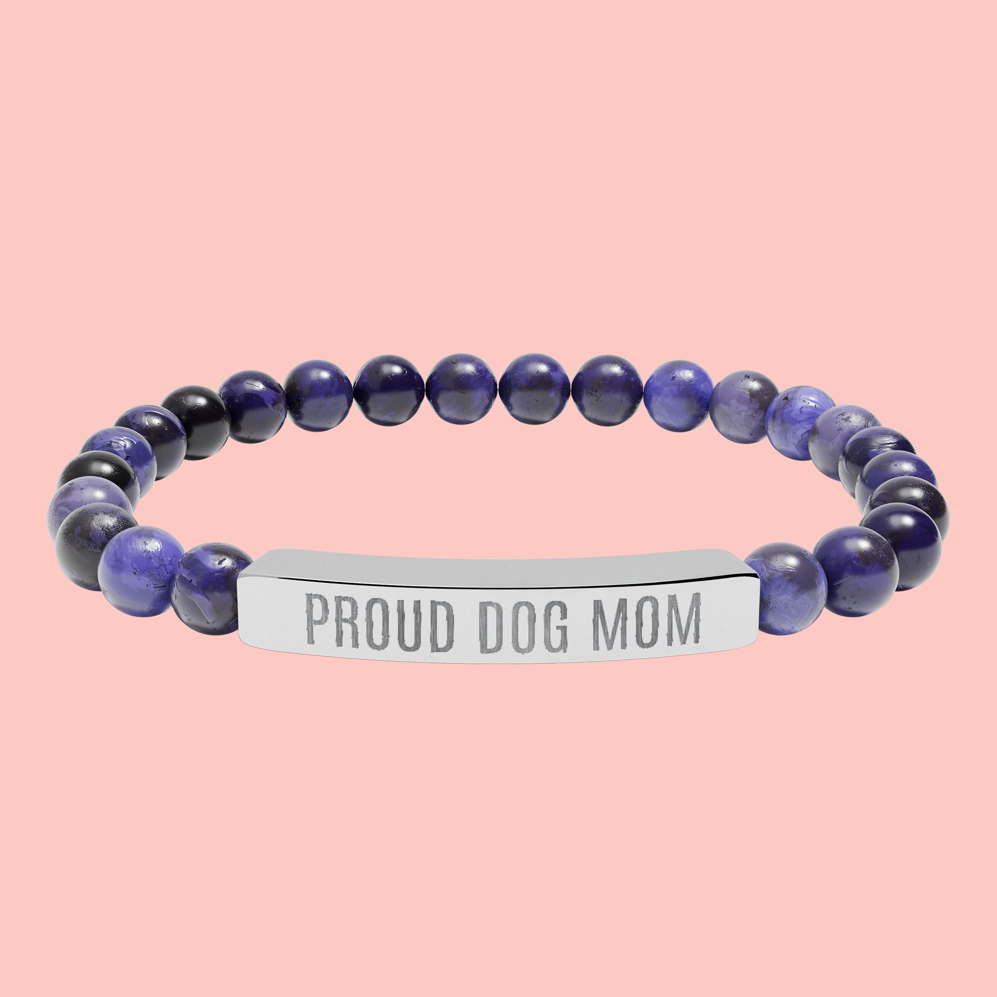 Proud Dog Mom Natural Stone Stretch Bracelet – Engraved Bar Gift for Pet Lovers