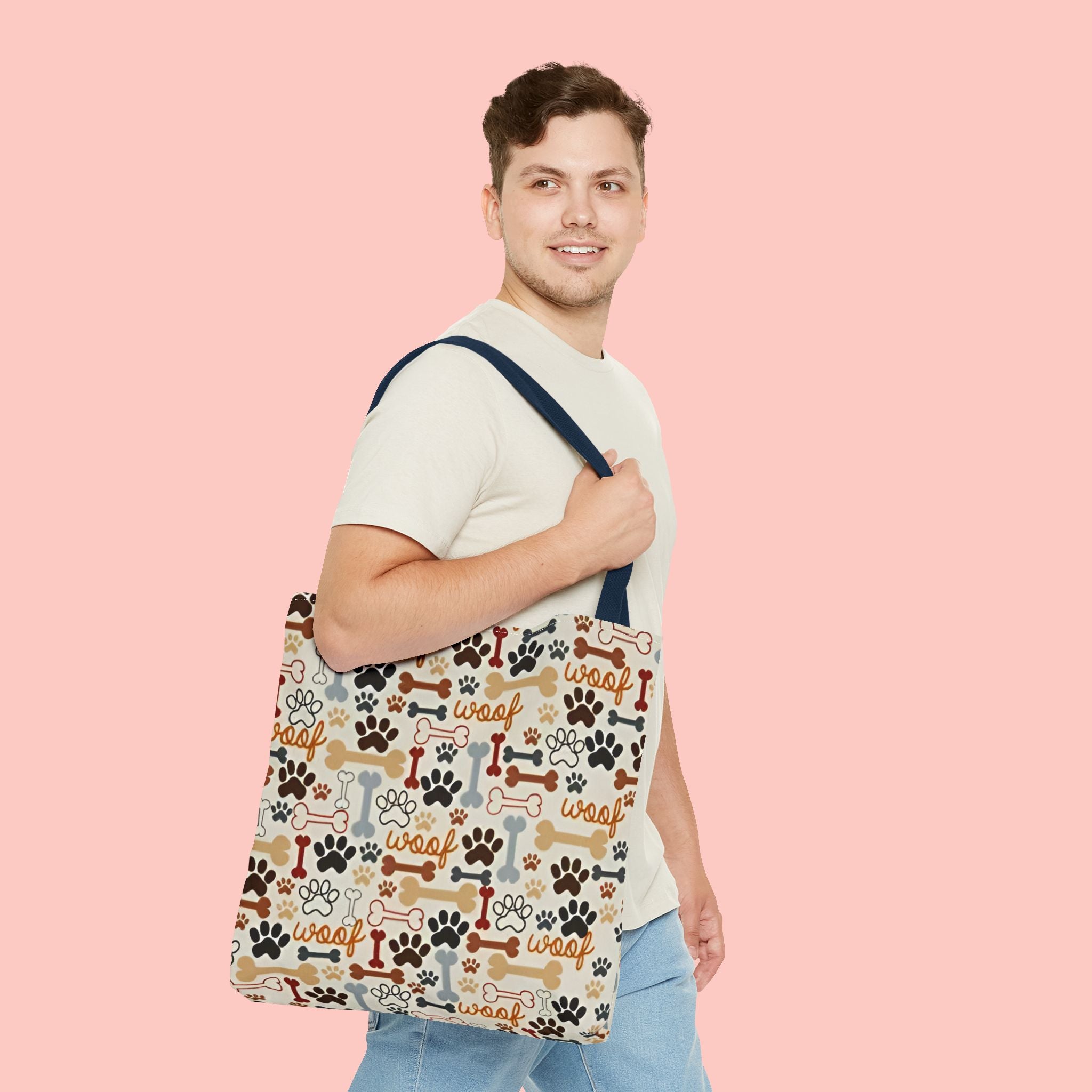 Dog Paw & Bone Pattern Tote Bag — 'Woof' All-Over Print Canvas Tote