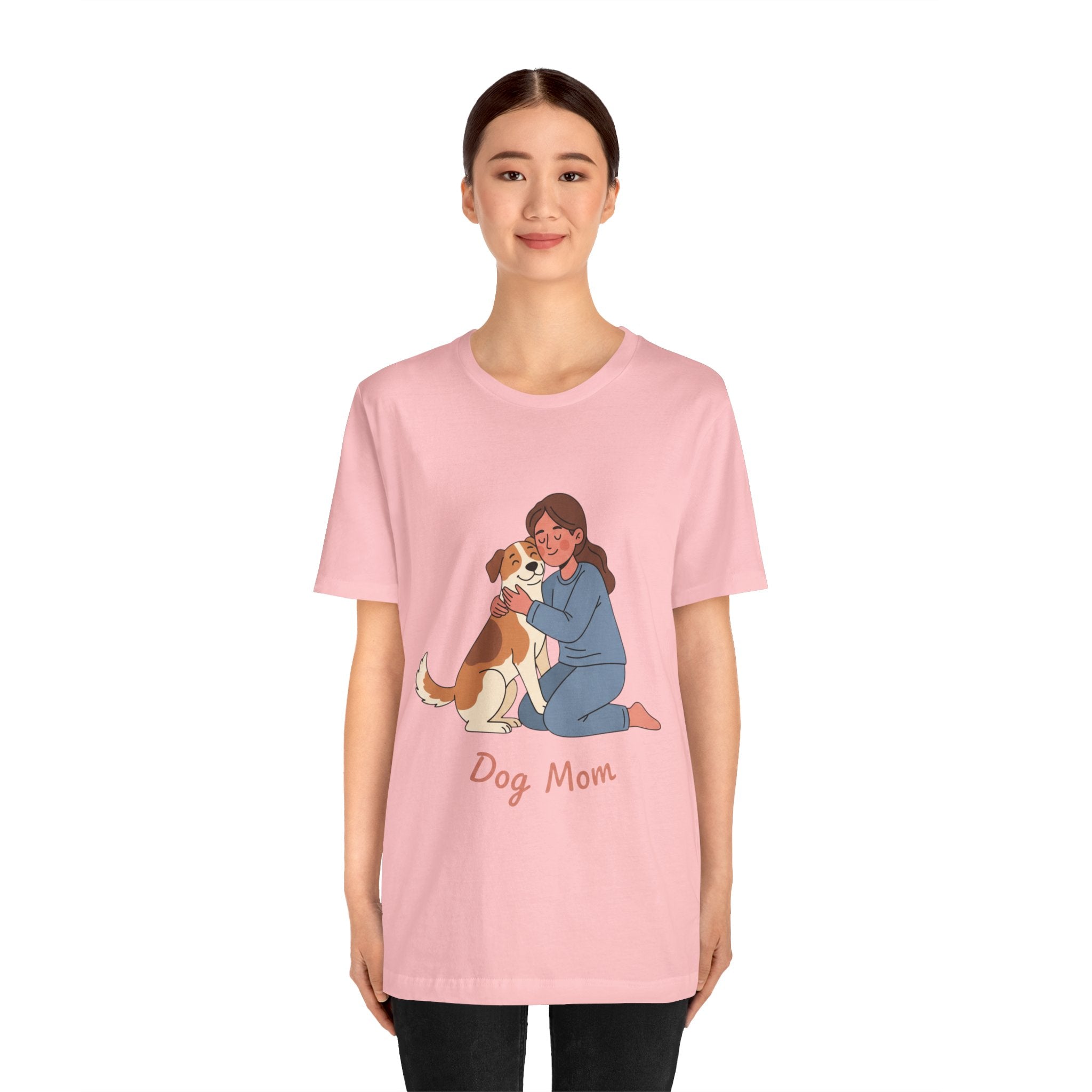 Dog Mom T‑Shirt — Cute Woman Hugging Dog Graphic Tee