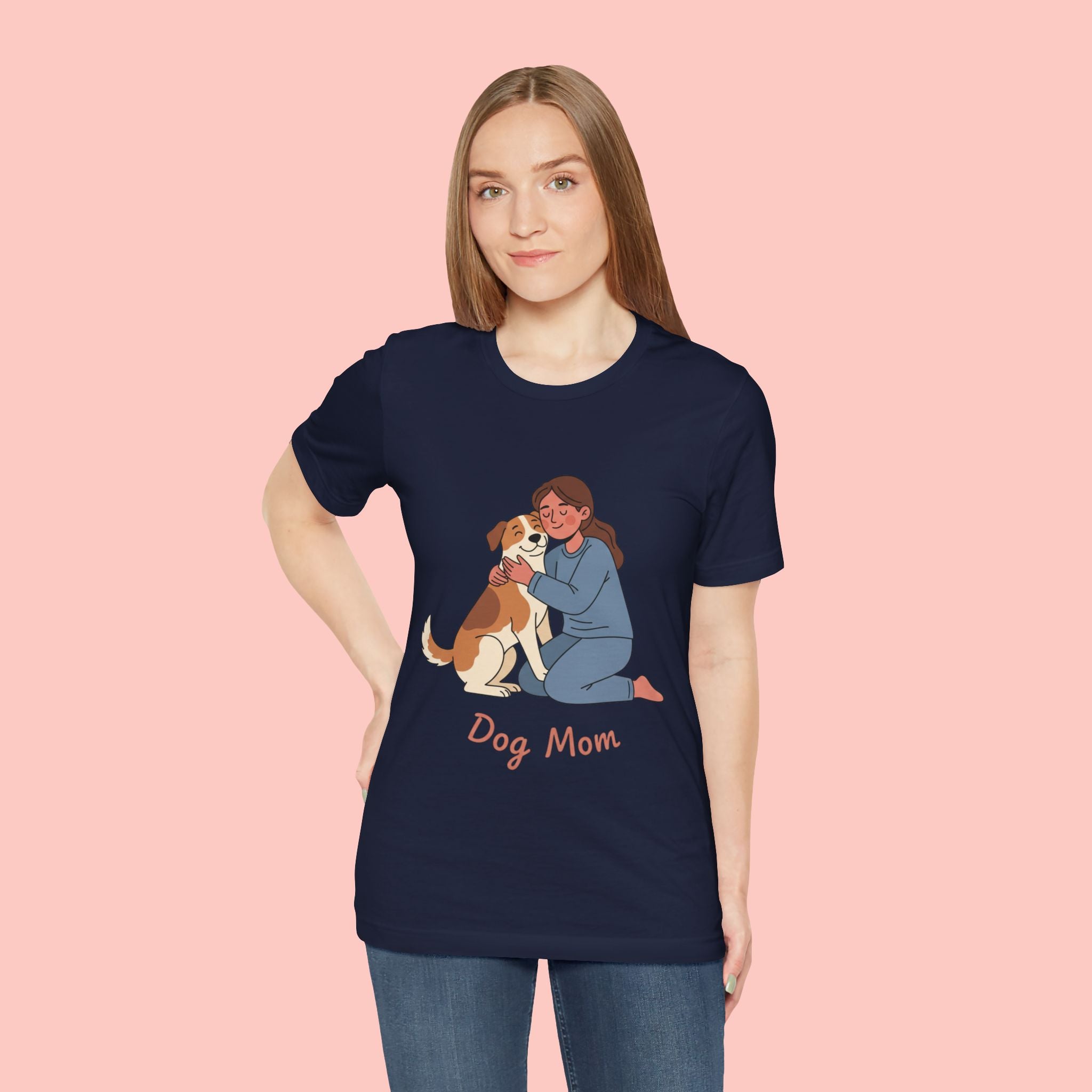 Dog Mom T‑Shirt — Cute Woman Hugging Dog Graphic Tee