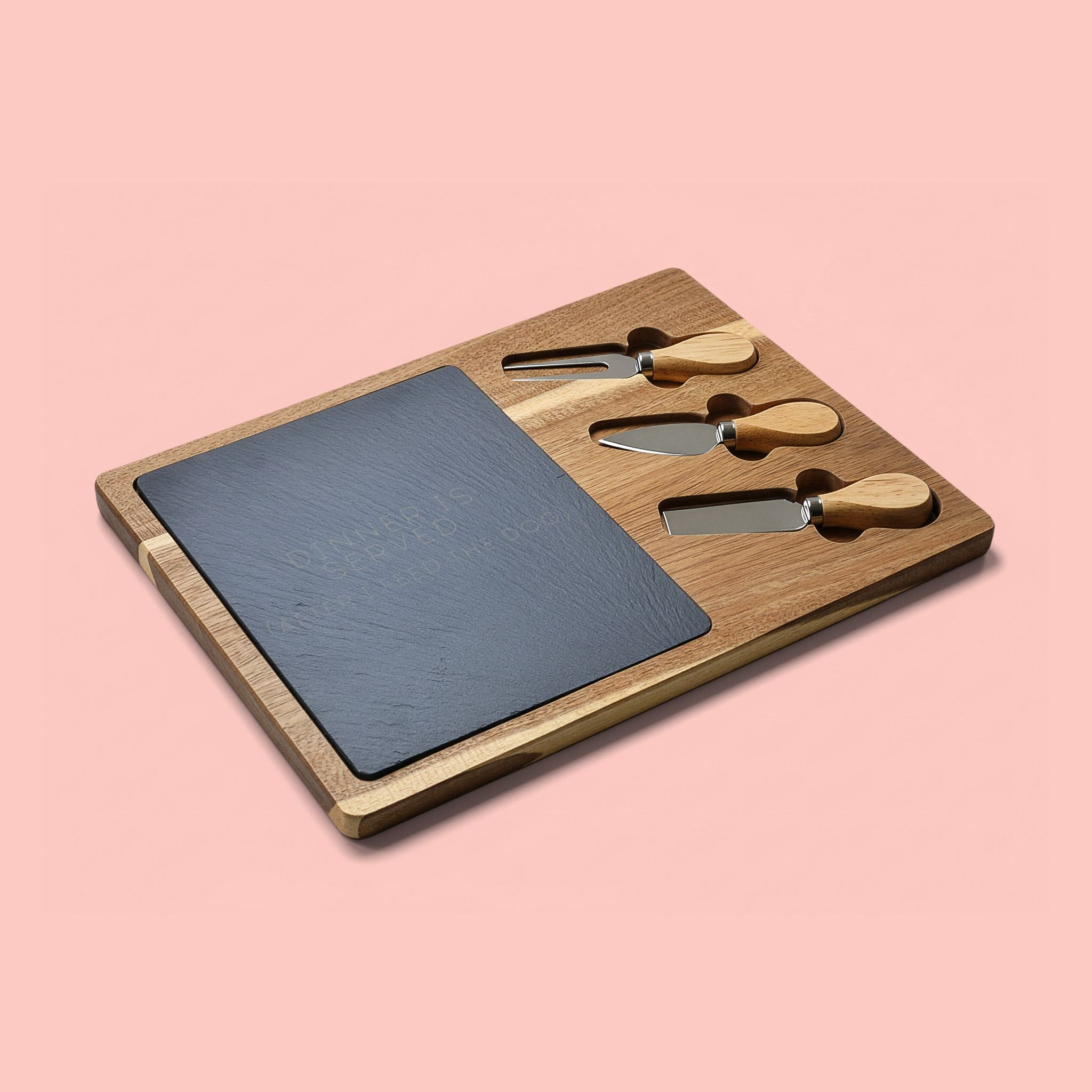 Engraved Oak Charcuterie Board with Slate Insert & Cheese Tools — "Dinner Is Served (After I Feed The Dog)"