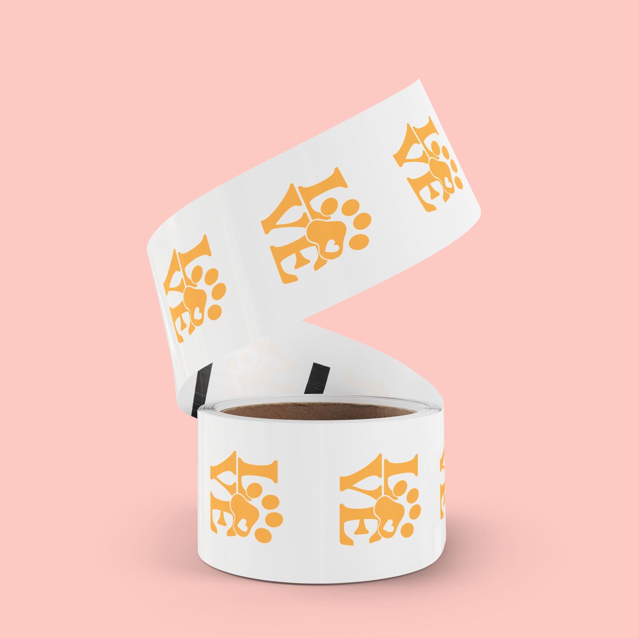 Round Pet Love Sticker Labels — Paw Print "LOVE" Roll