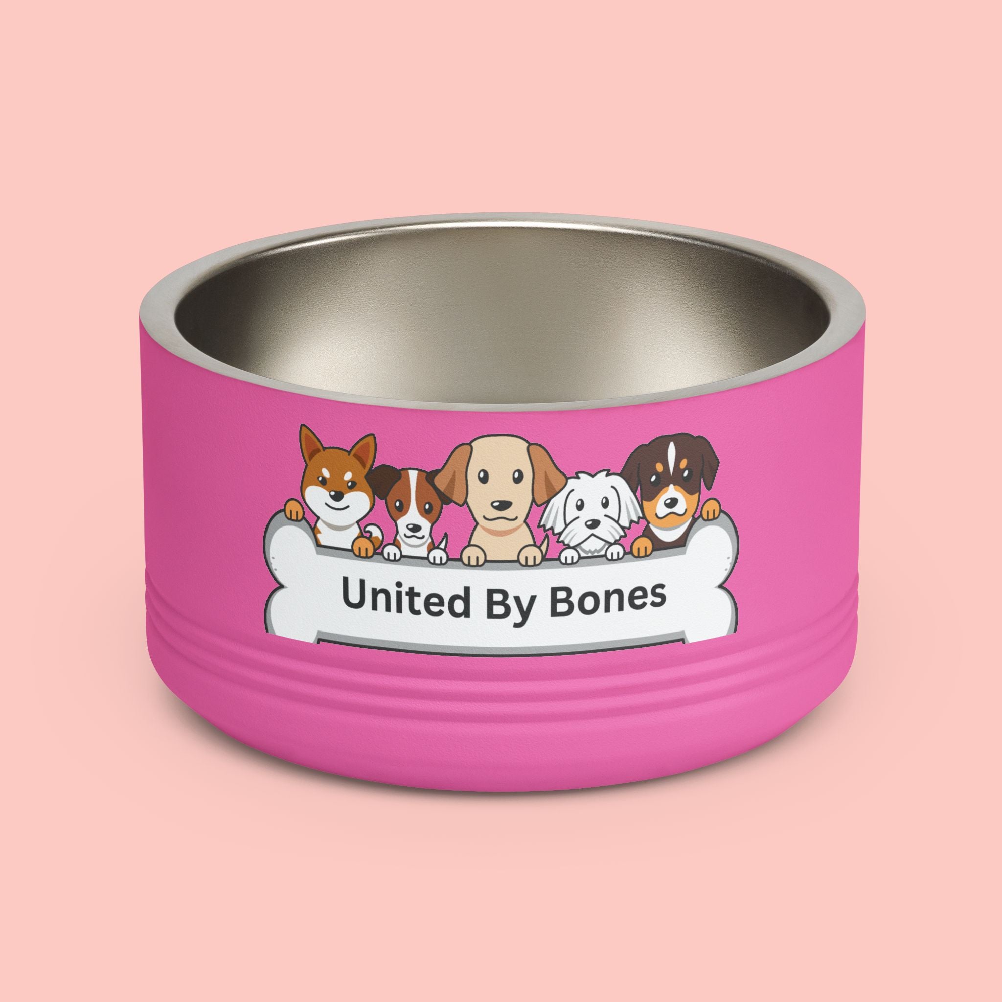 United By Bones 18oz Pet Bowl — Cute Cartoon Dogs Stainless Steel Bowl for Dogs & Cats