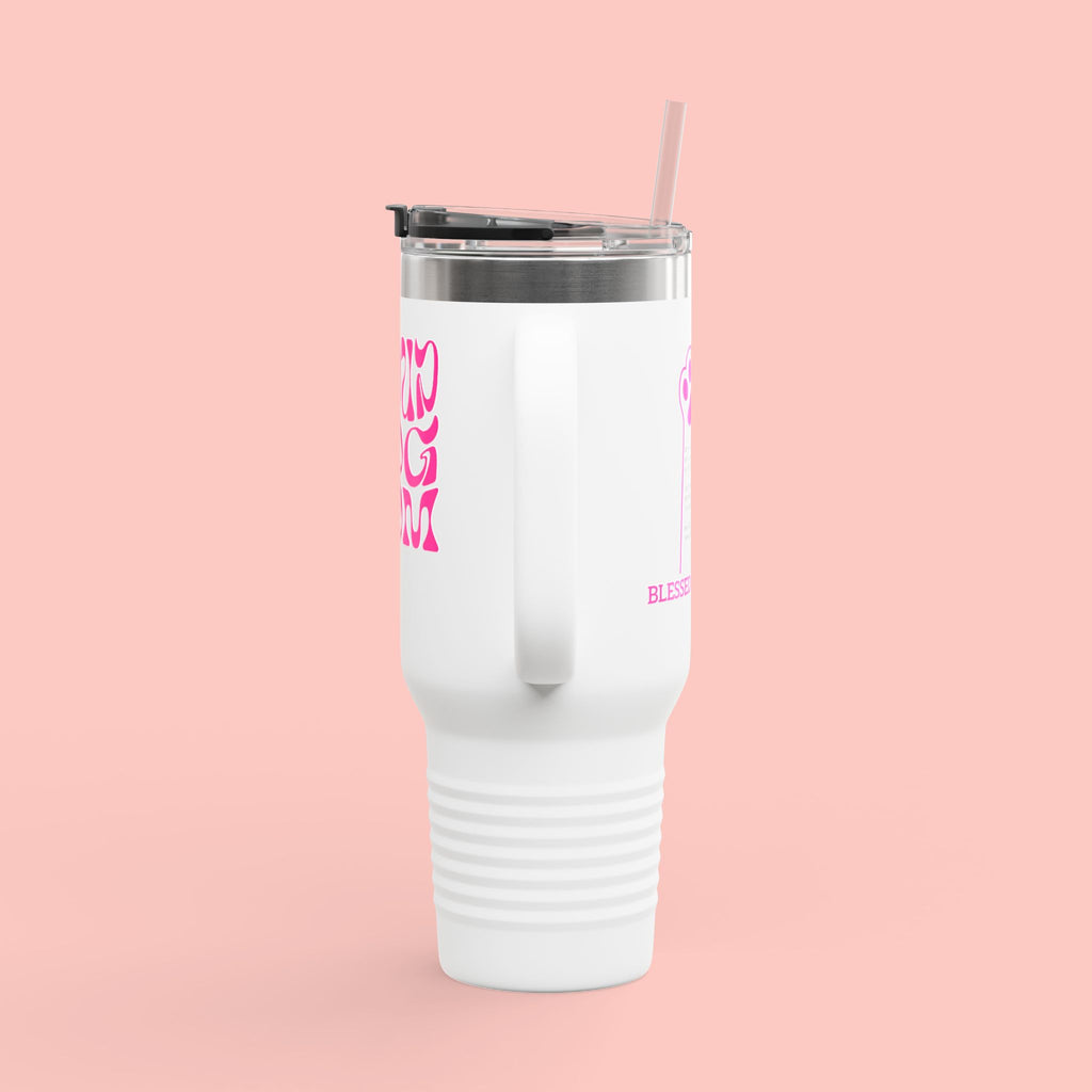 40oz Insulated Travel Mug — 'Groovy Mom' Pink Retro Design
