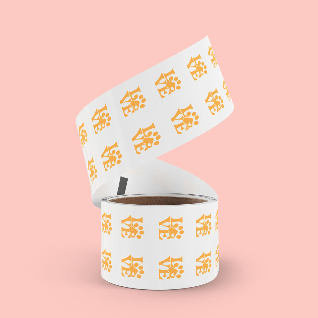 Round Pet Love Sticker Labels — Paw Print "LOVE" Roll
