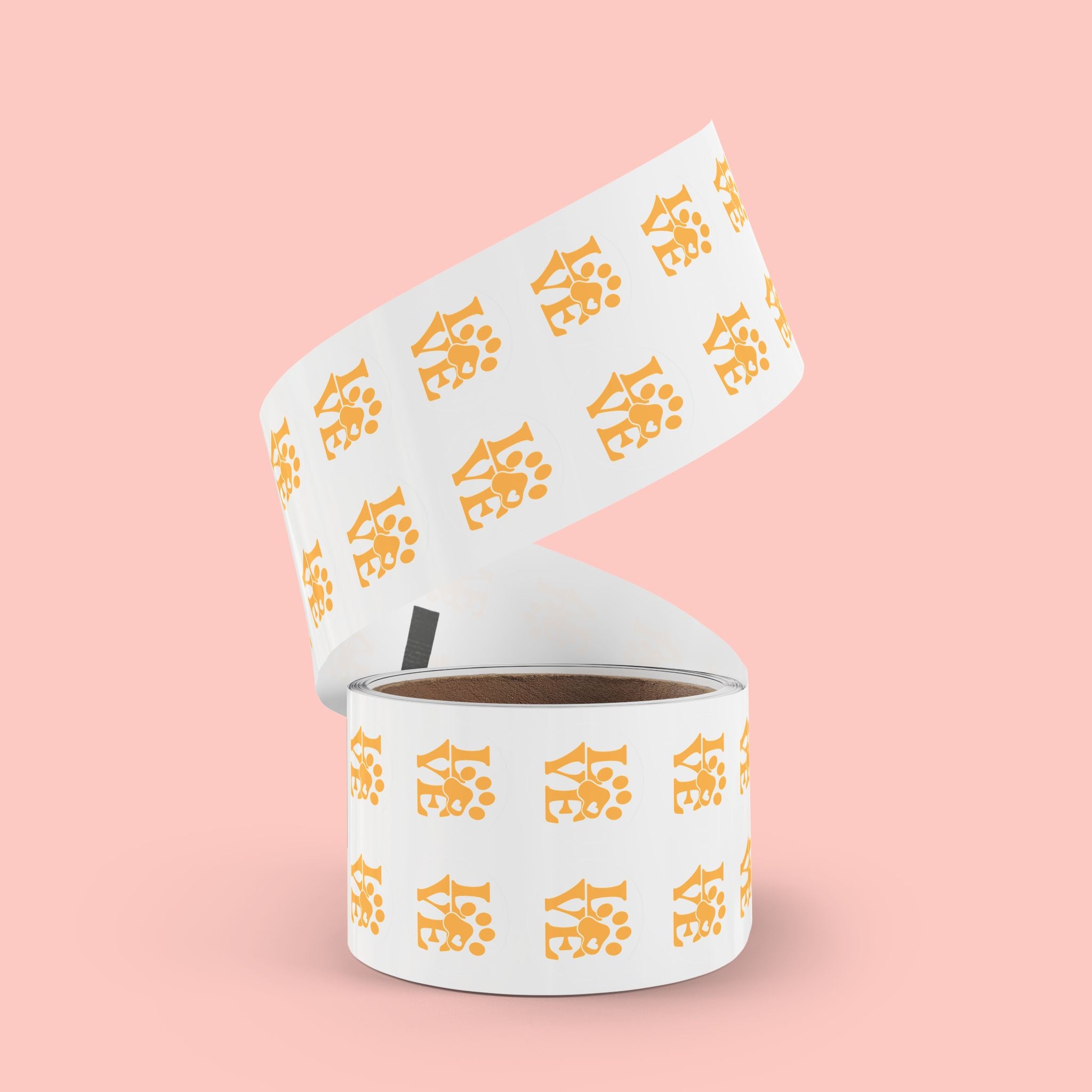 Round Pet Love Sticker Labels — Paw Print "LOVE" Roll