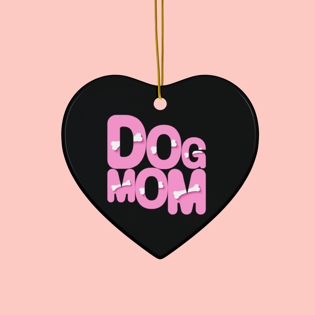 Dog Mom Ceramic Ornament — Pink Heart Typography Holiday Decoration