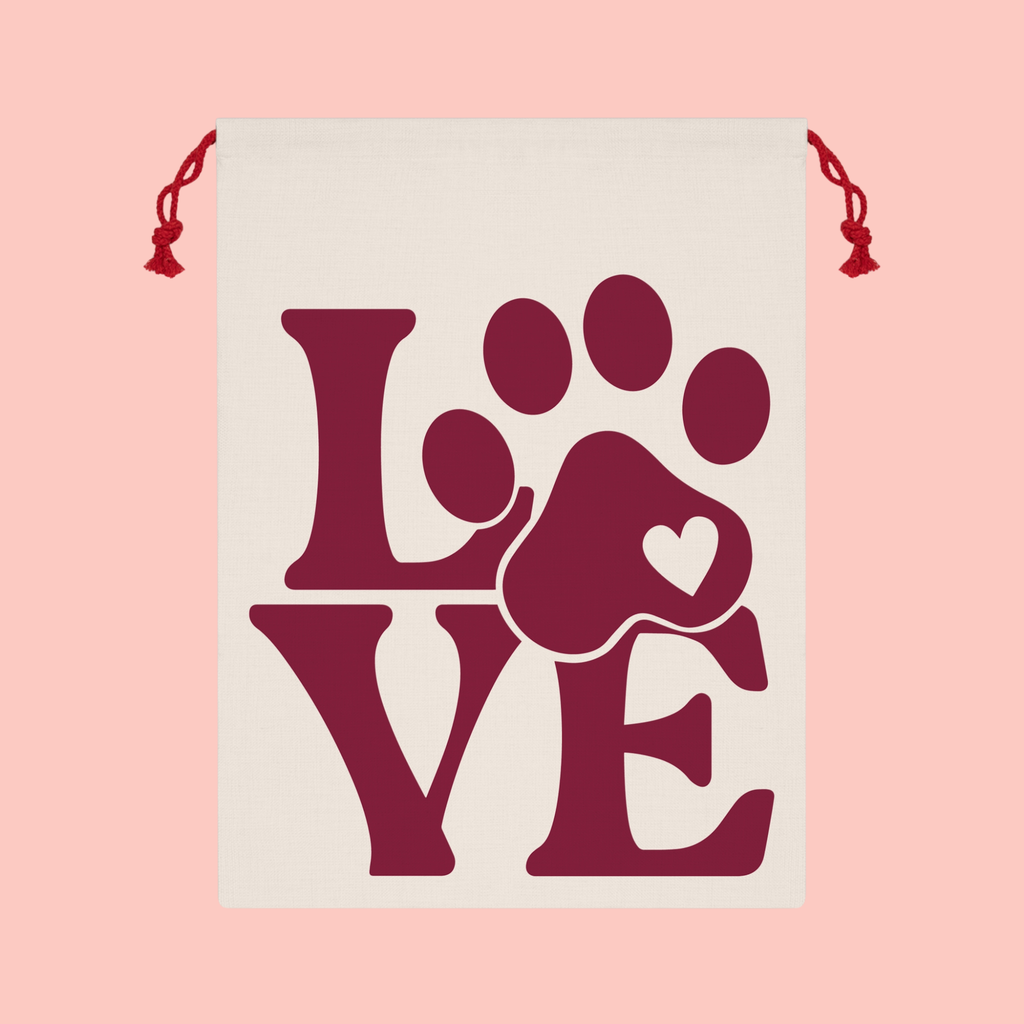 Love Paw Print Gift Bag — Pet Lover Drawstring Gift Sack