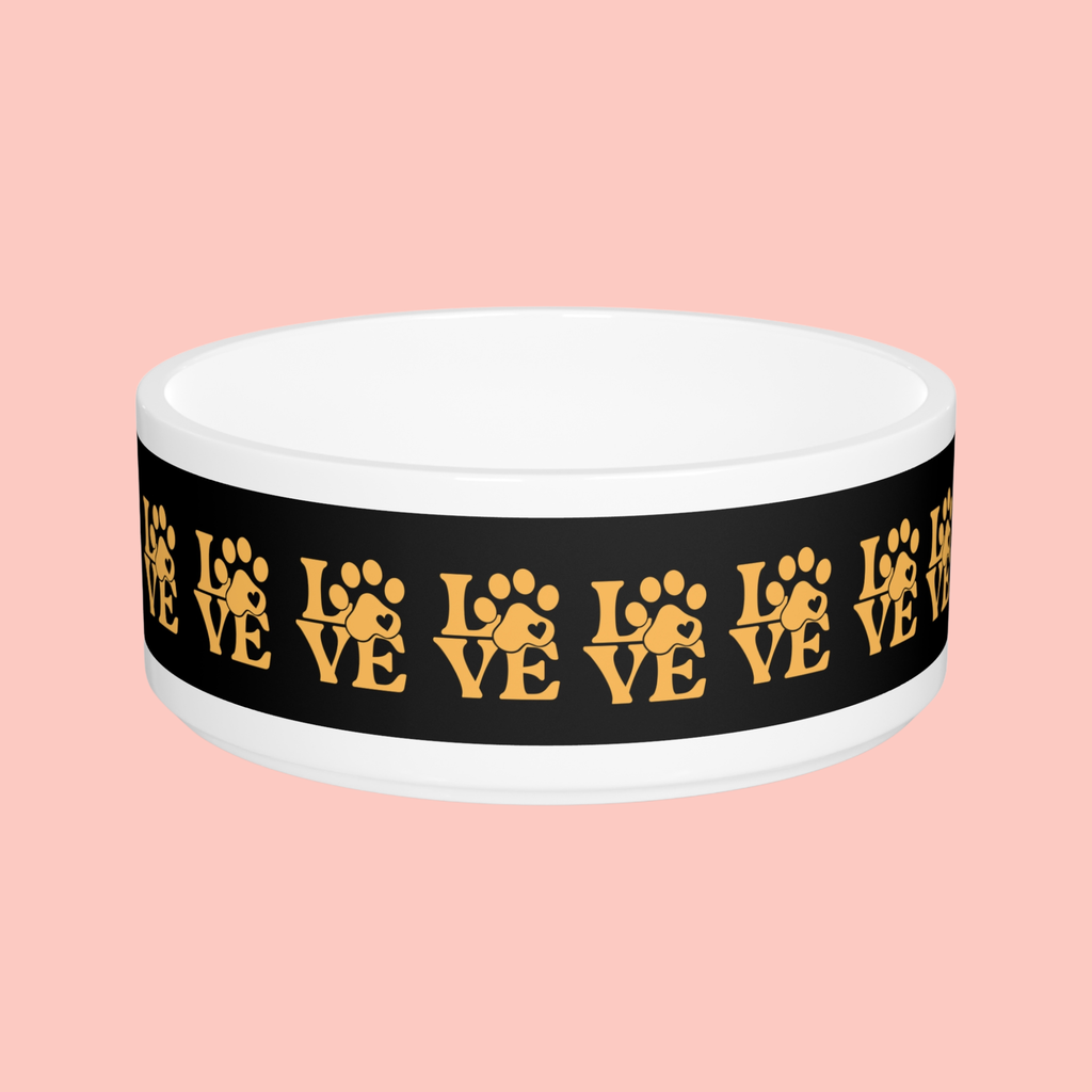 Love Paw Pet Bowl — Gold Paw Print Dog & Cat Feeding Dish