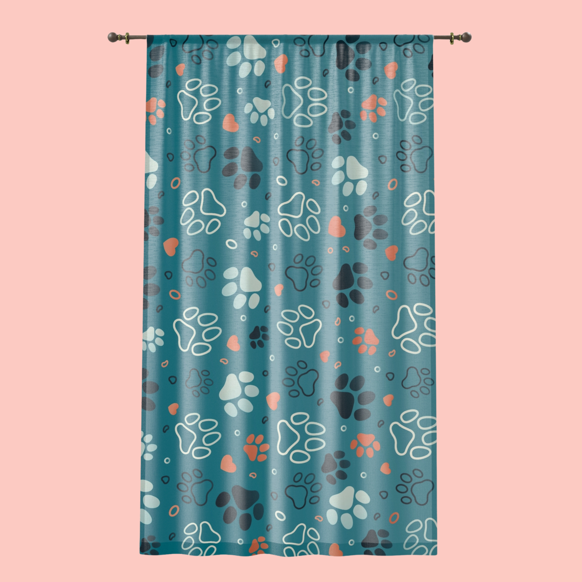 Paw Print Window Curtain – Teal Pet-Themed Drapery