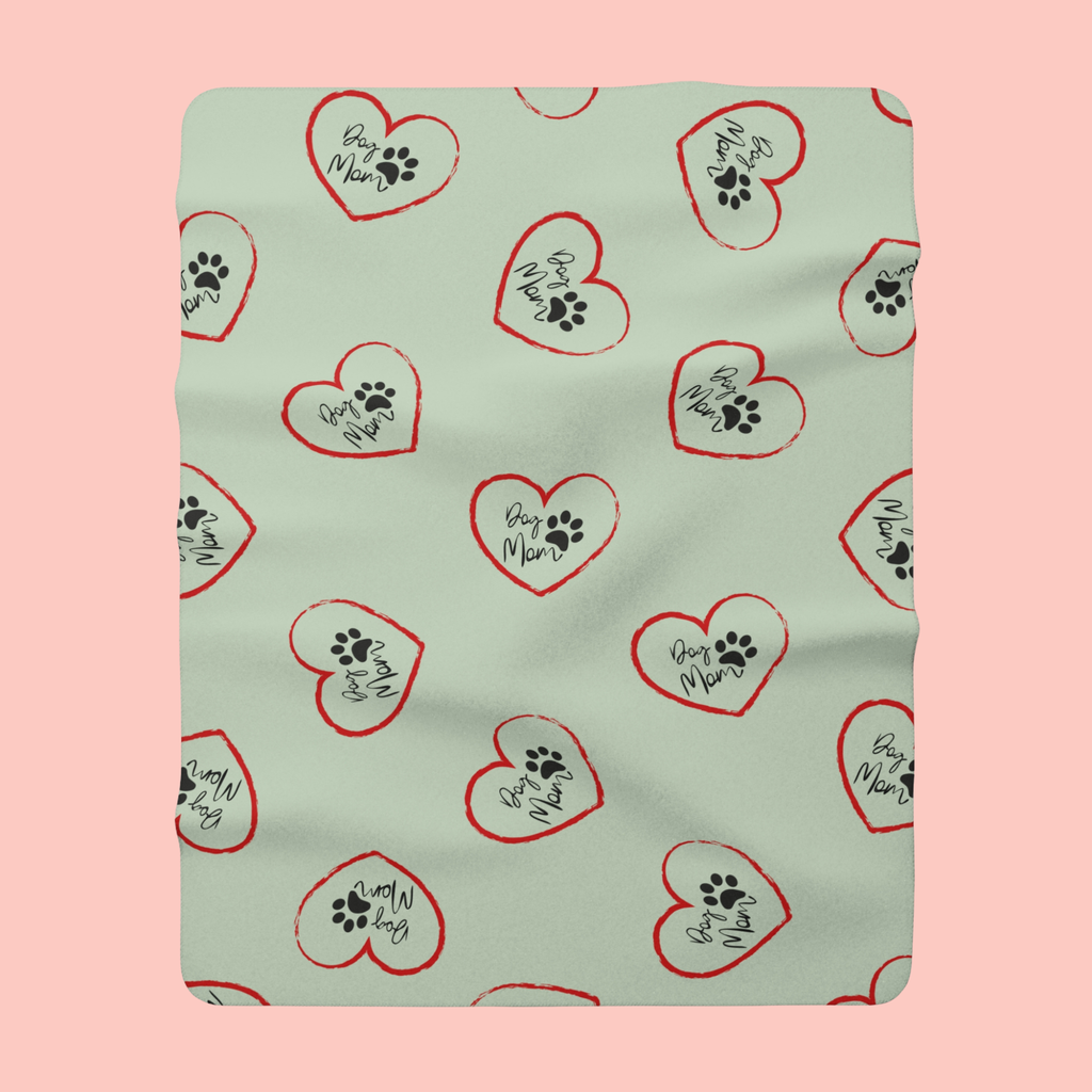 Sherpa Blanket — Mint Heart Paw Print "Dog Mom" Cozy Throw