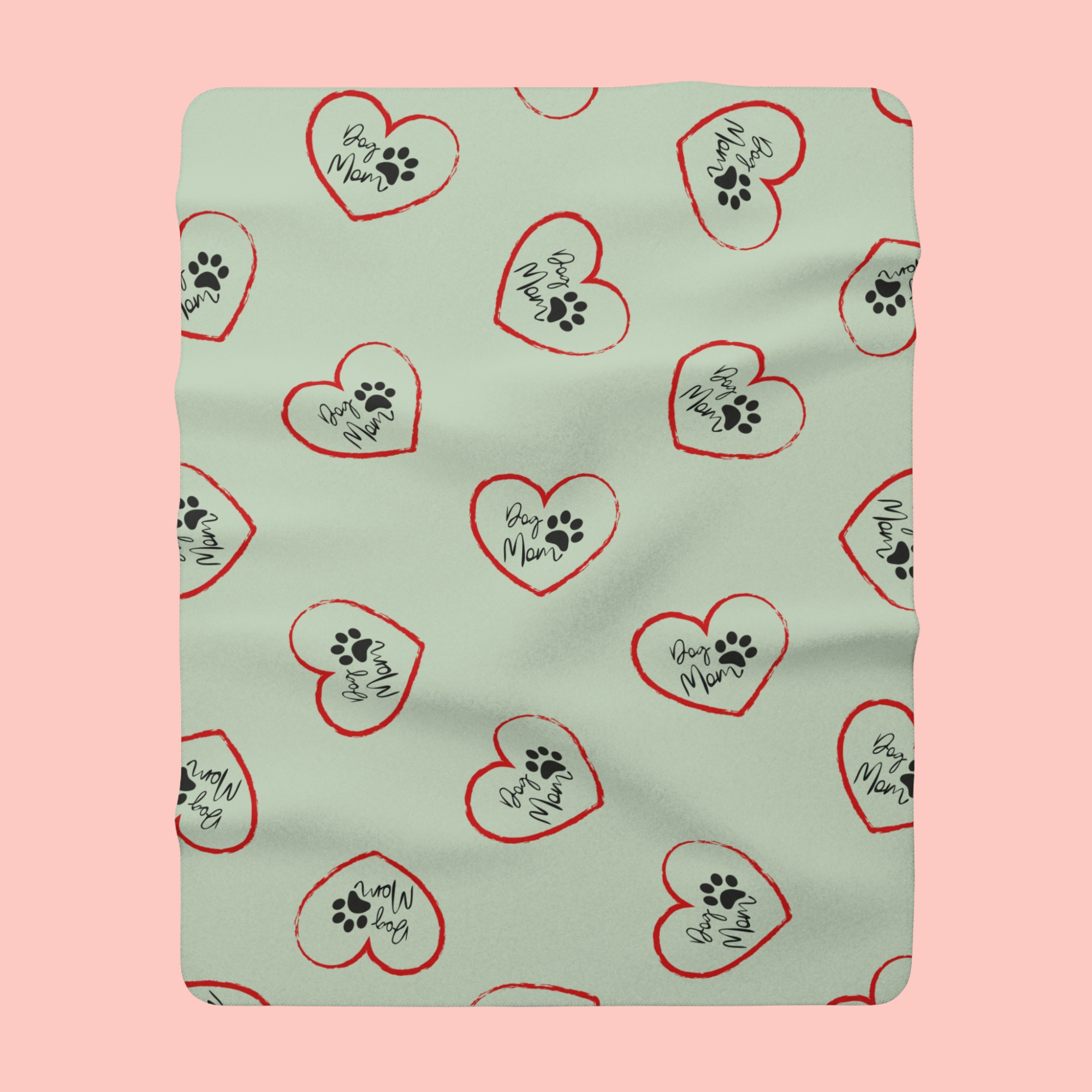 Sherpa Blanket — Mint Heart Paw Print "Dog Mom" Cozy Throw