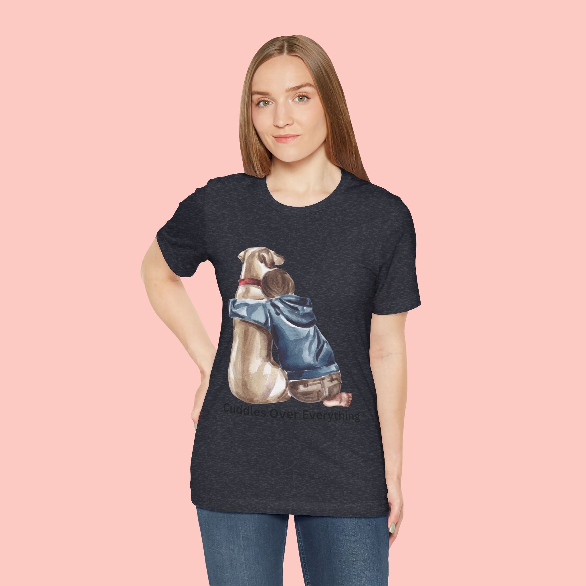 Cuddles Over Everything Tee — Boy Hugging Dog Animal Lover T-Shirt