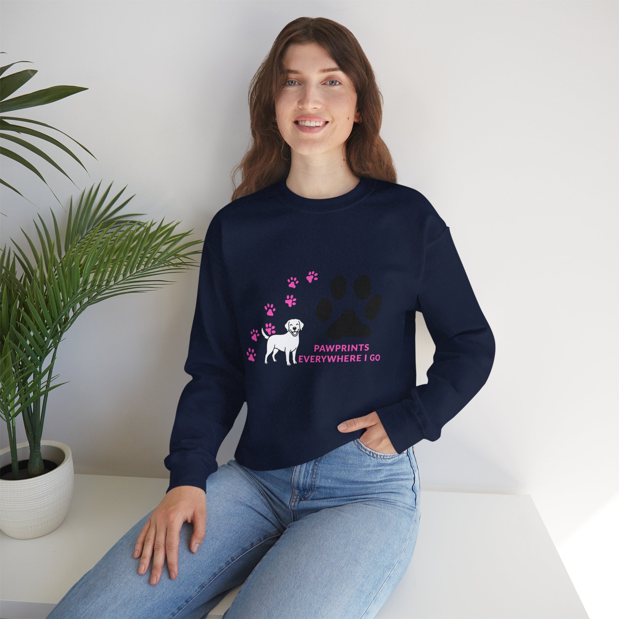 Crewneck Sweatshirt — "Pawprints Everywhere I Go" Dog Lover Graphic