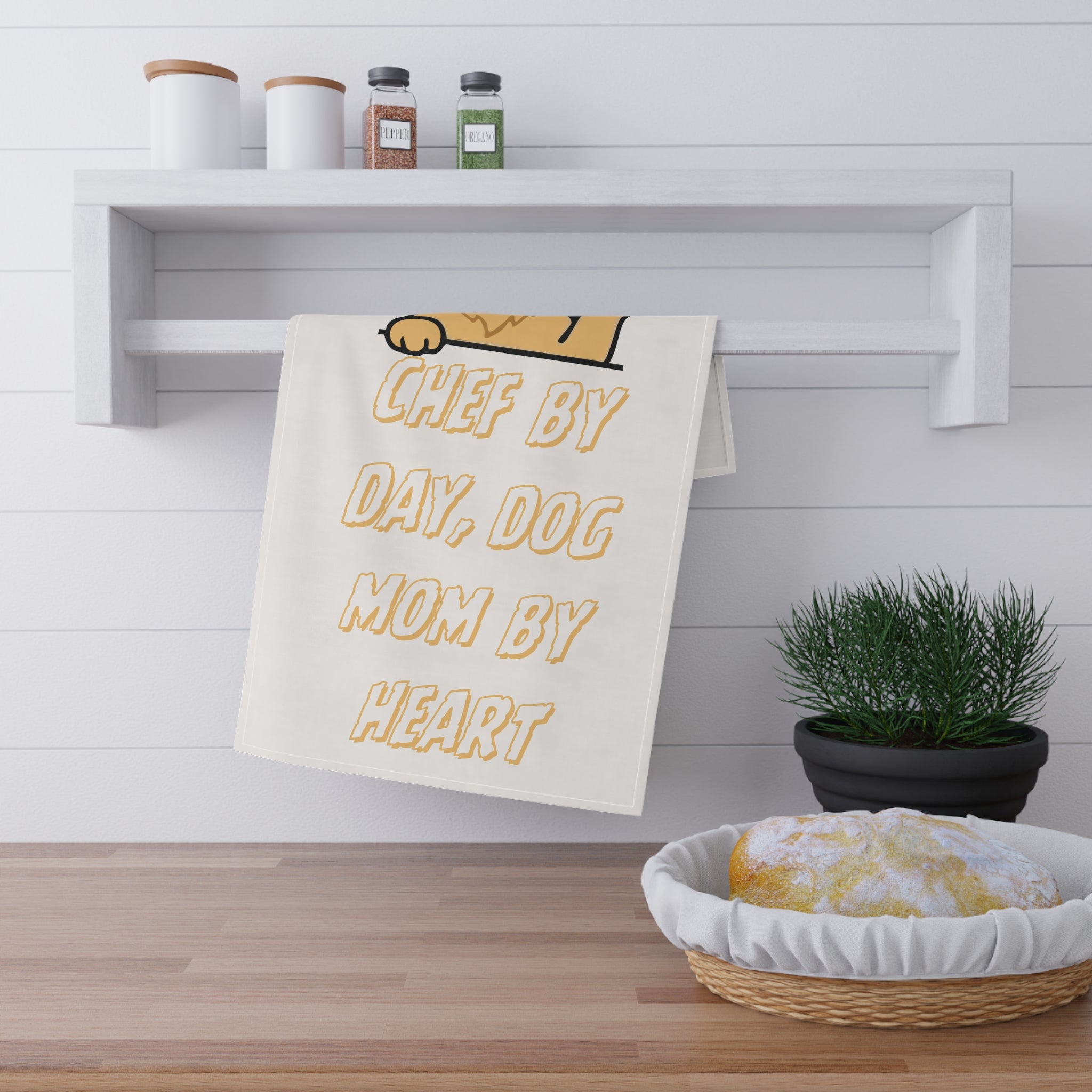 Dog Mom Kitchen Tea Towel — "Chef by Day, Dog Mom by Heart" Cotton Tea Towel