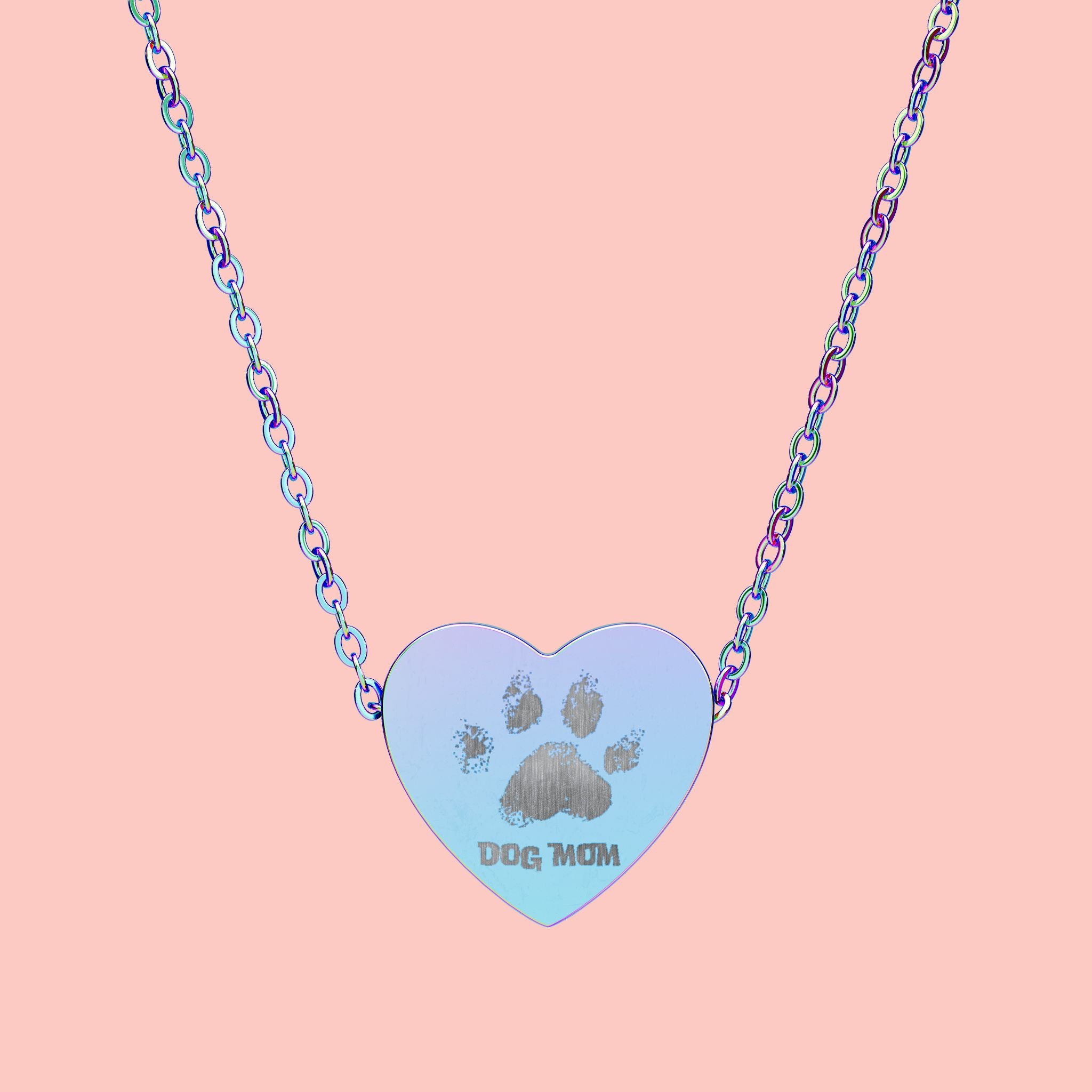 Heart Necklace — Engraved "Dog Mom" Paw Print Pendant