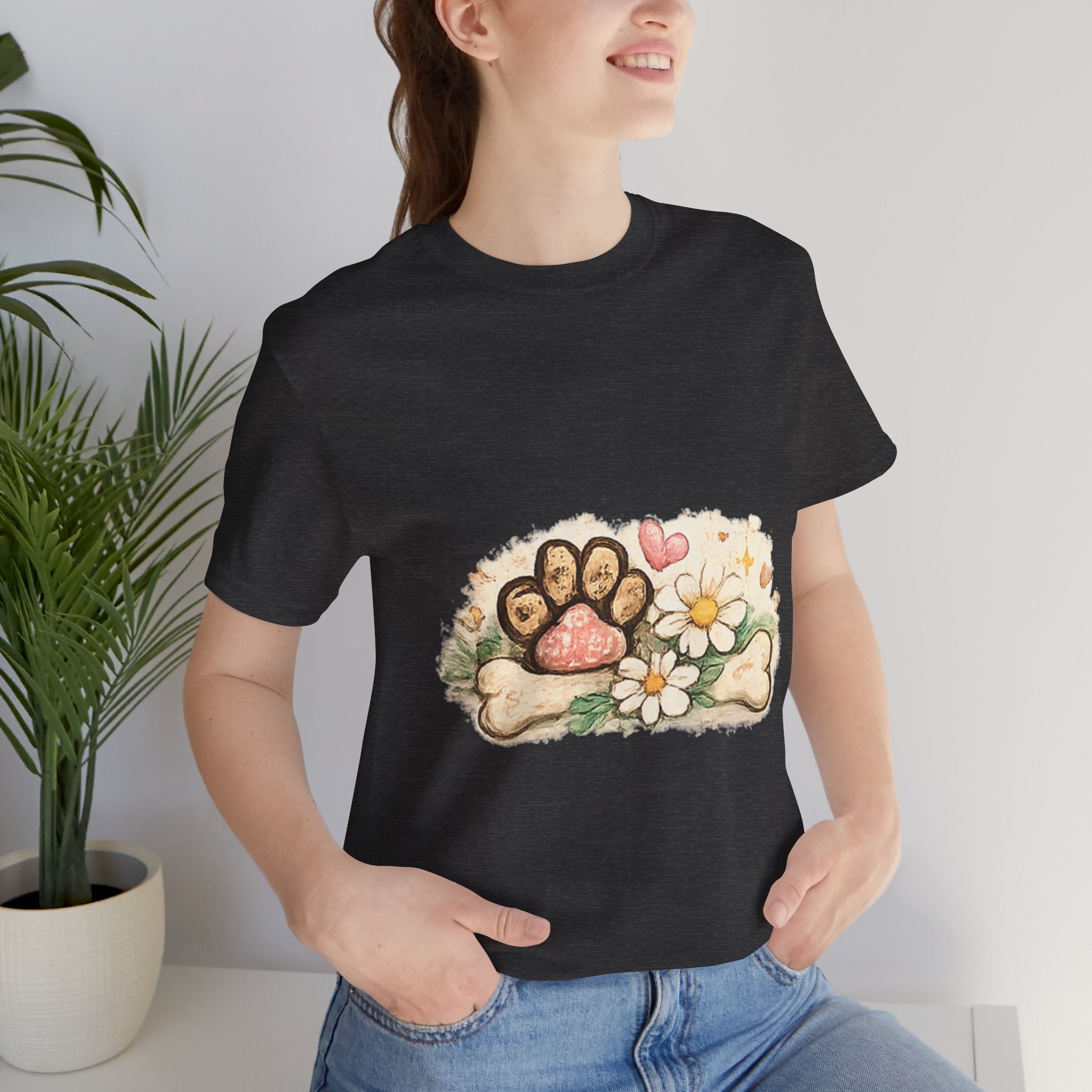 Dog Paw Floral T-Shirt — Cute Paw Print, Bone & Daisies Tee