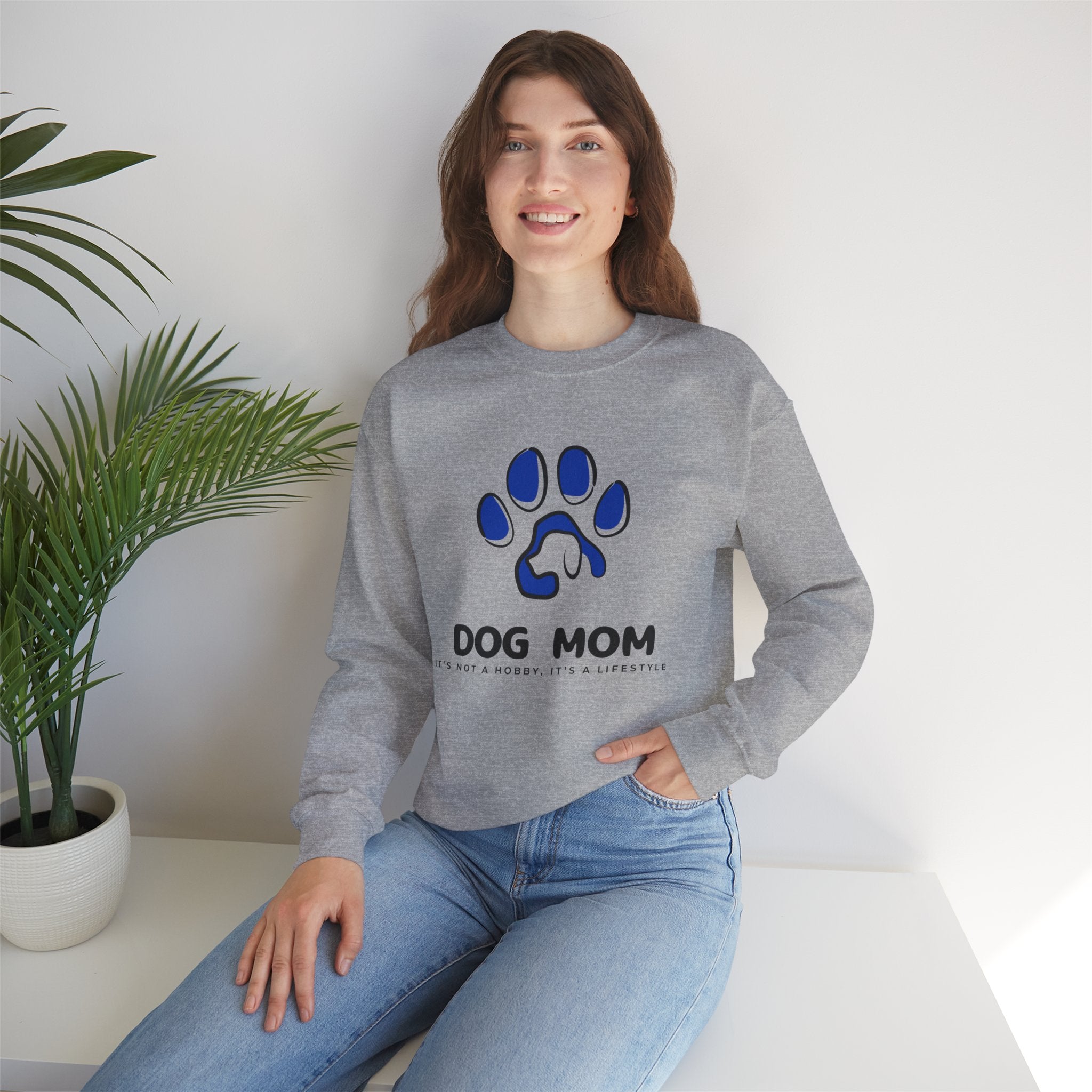 Dog Mom Crewneck Sweatshirt – Blue Paw Graphic "Dog Mom"