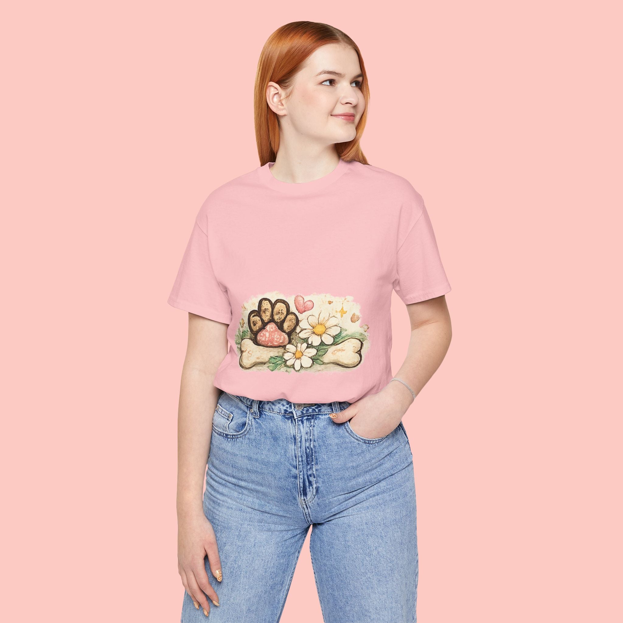 Dog Paw Floral T-Shirt — Cute Paw Print, Bone & Daisies Tee