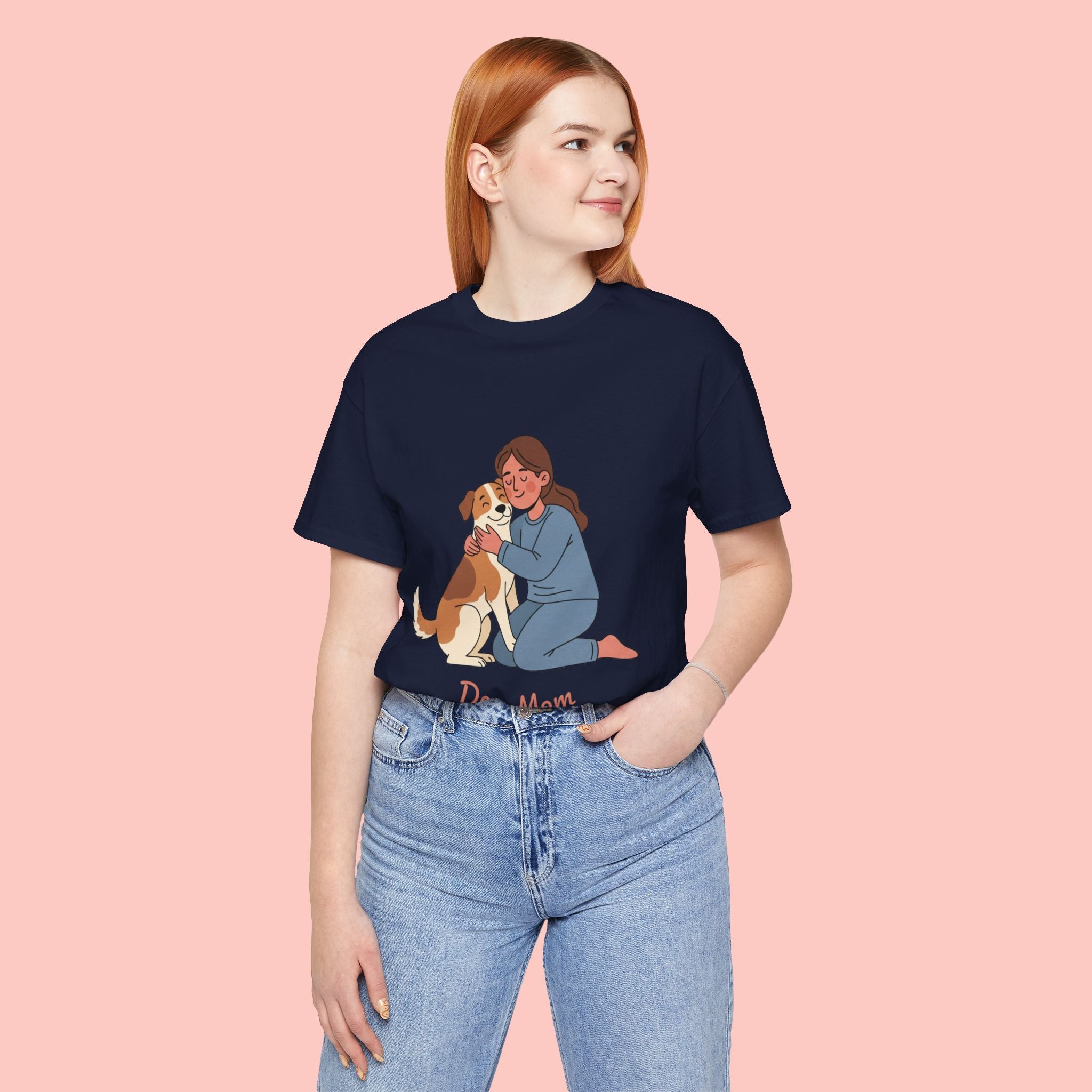 Dog Mom T‑Shirt — Cute Woman Hugging Dog Graphic Tee