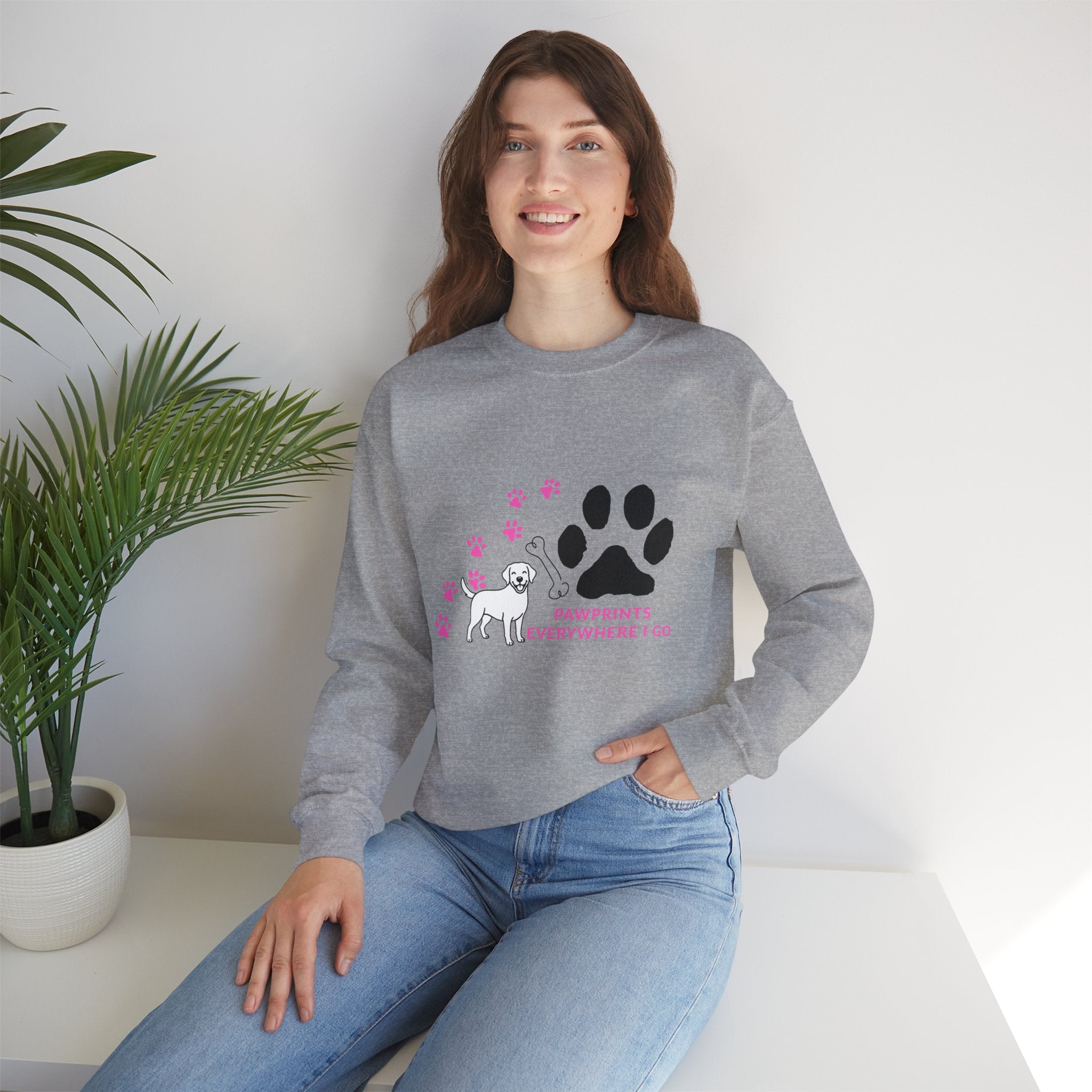 Crewneck Sweatshirt — "Pawprints Everywhere I Go" Dog Lover Graphic