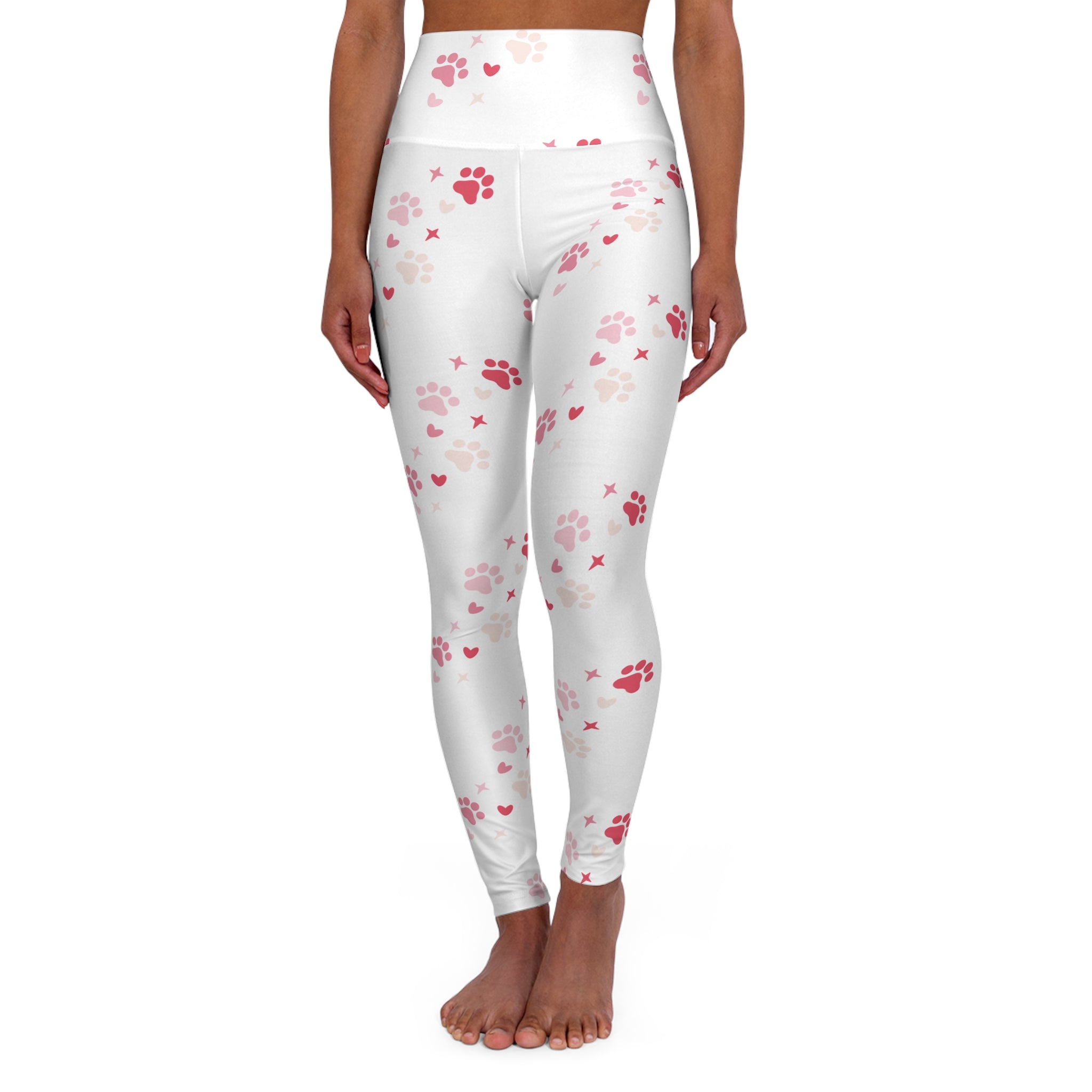 Pink Paw Print High-Waisted Yoga Leggings — Cute Cat/Dog Pet Pattern