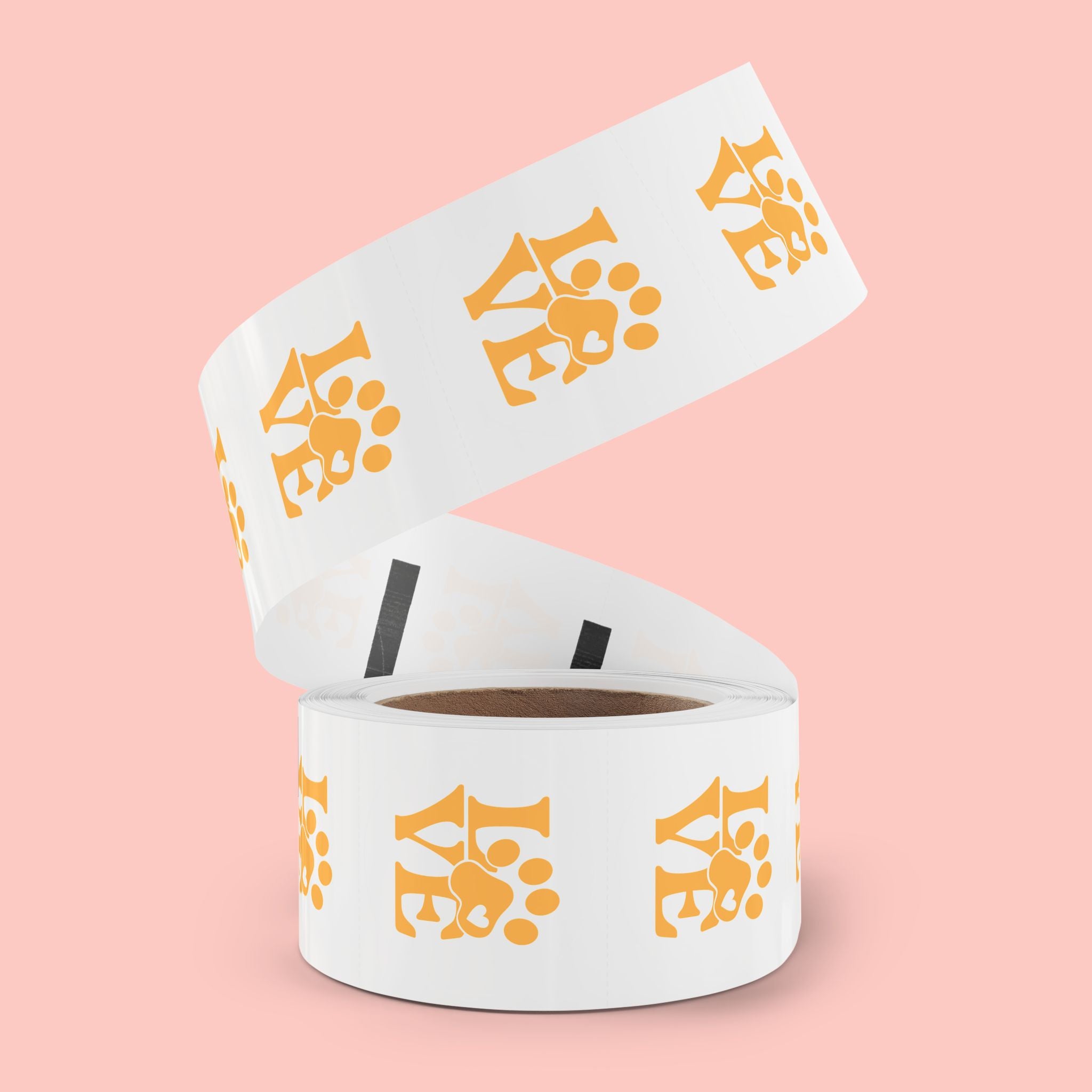 Round Pet Love Sticker Labels — Paw Print "LOVE" Roll
