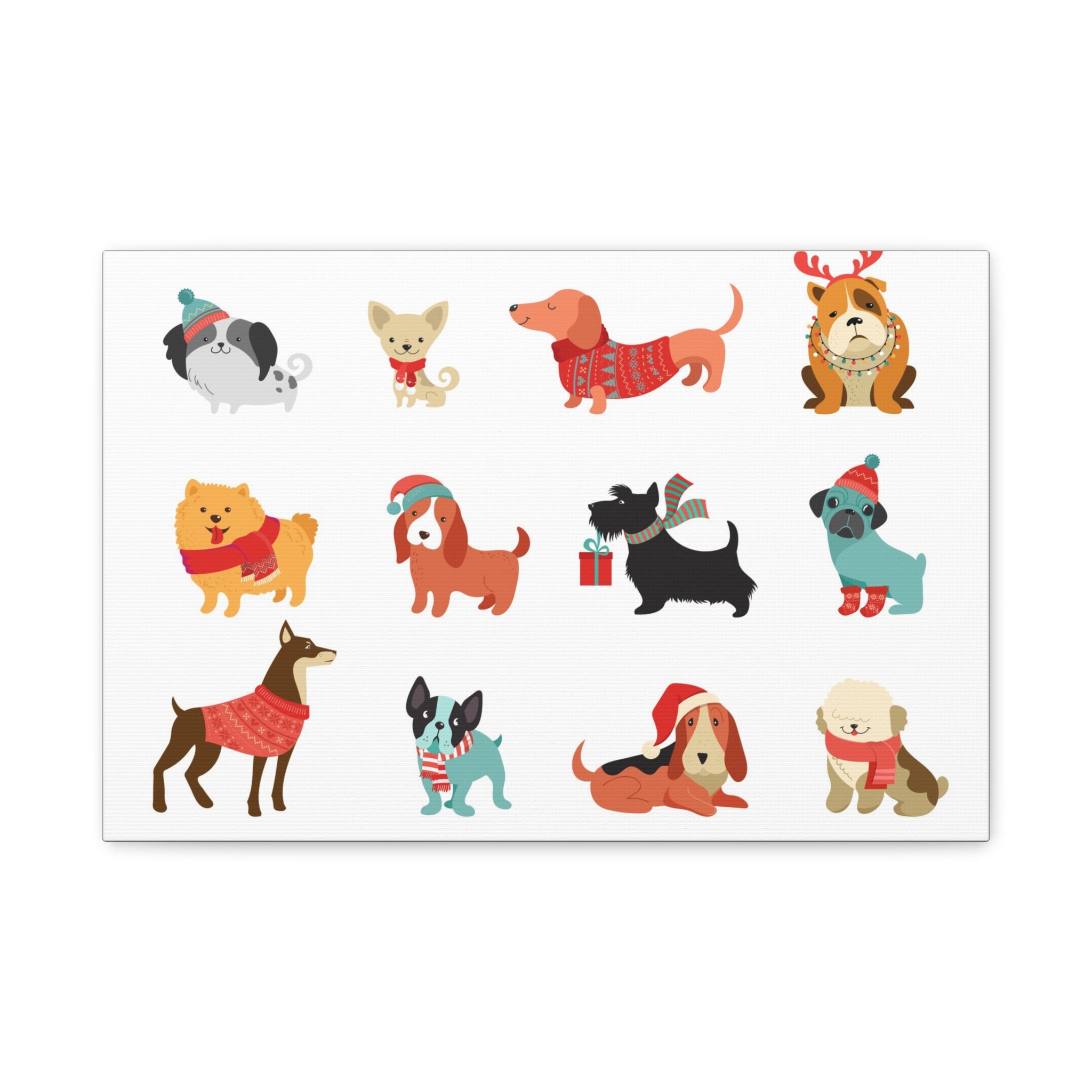 Holiday Dogs Canvas Wall Art — Cute Dachshund, Pug & Mixed Breeds in Winter Sweaters
