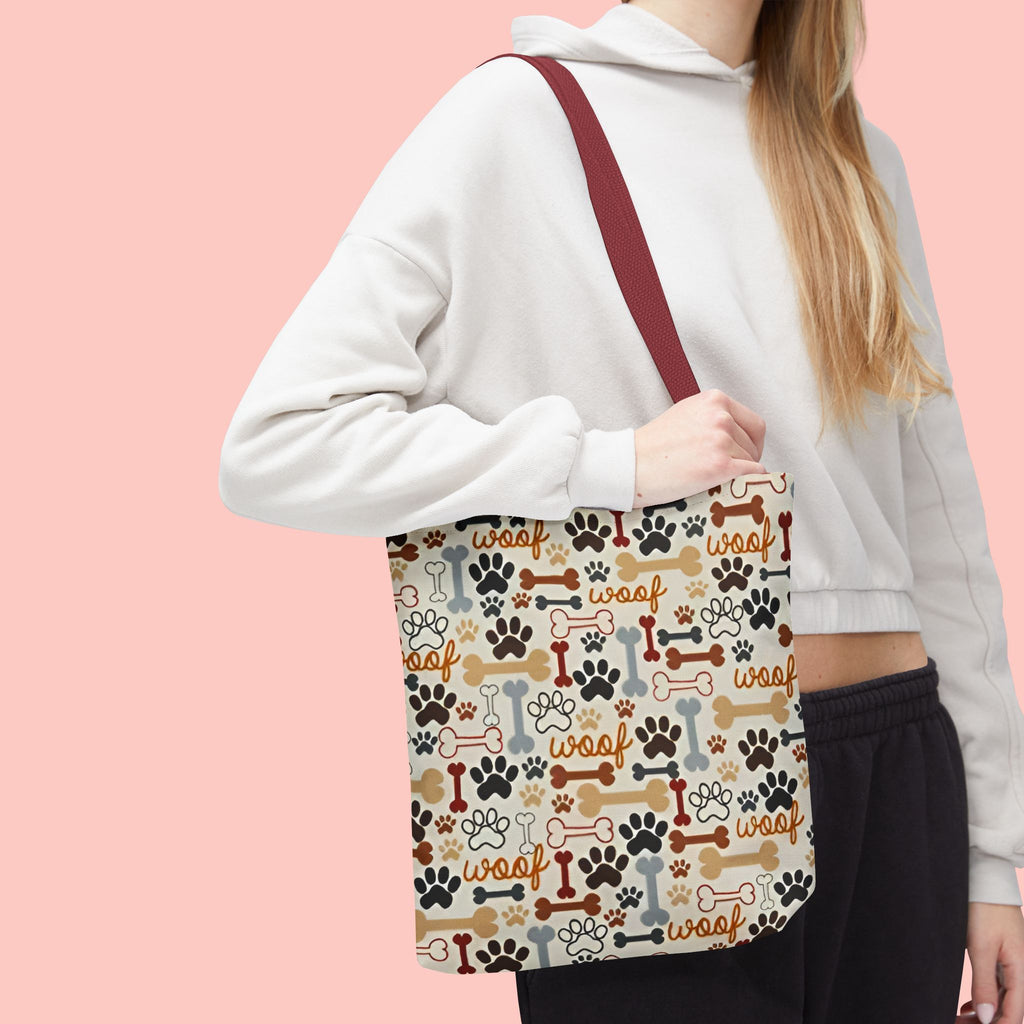 Dog Paw & Bone Pattern Tote Bag — 'Woof' All-Over Print Canvas Tote