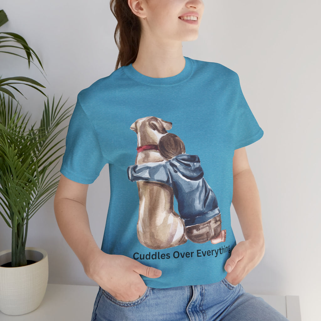 Cuddles Over Everything Tee — Boy Hugging Dog Animal Lover T-Shirt